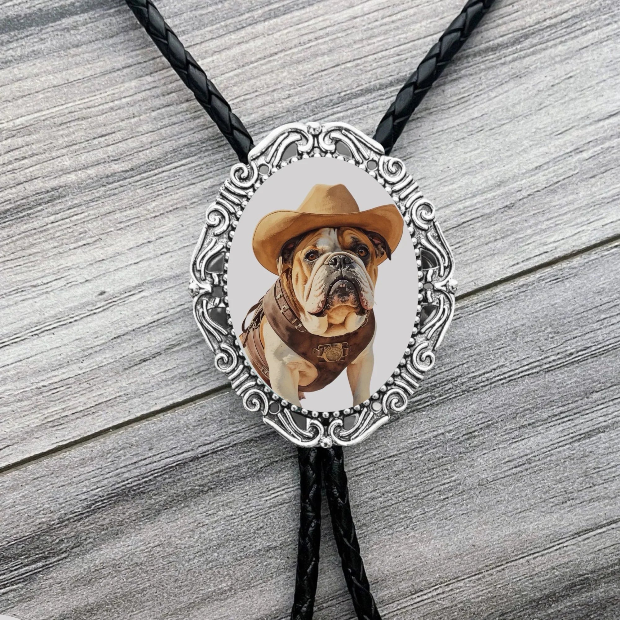 Bolo tie with a bulldog wearing a cowboy hat on a wooden surface