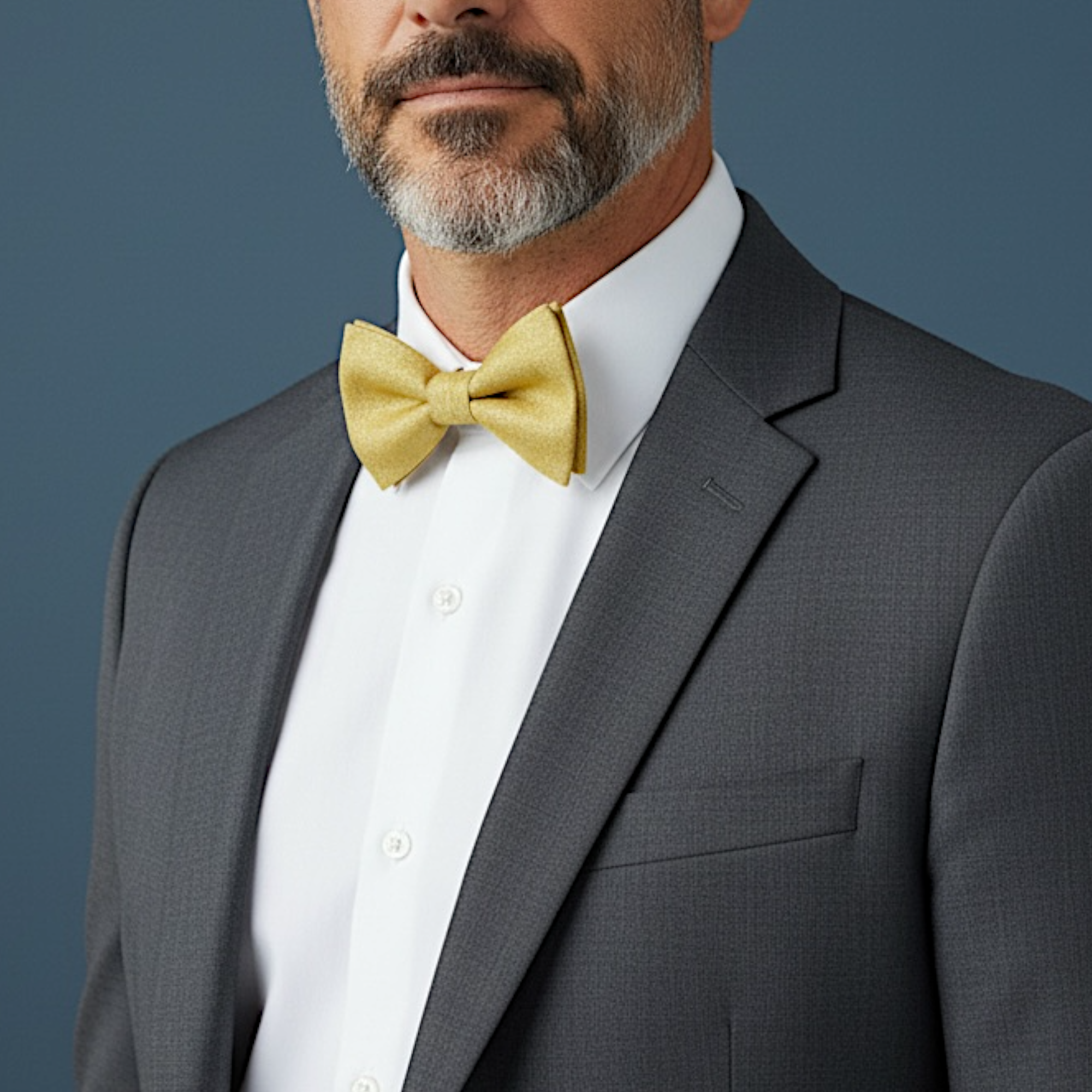 Man wearing a gray suit with a white shirt and gold bow tie at a wedding.