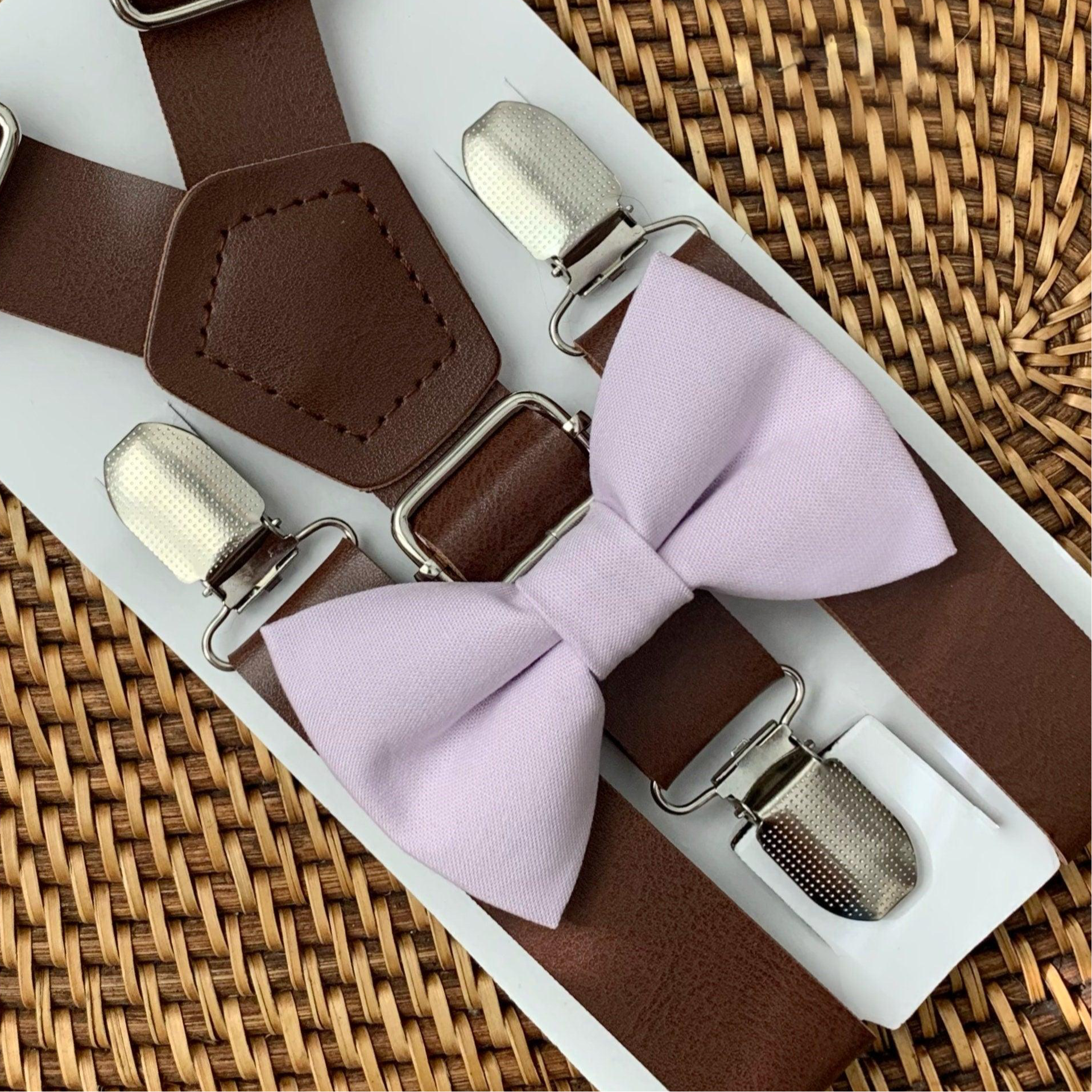 Iris Purple Lavender Bow Tie & Dark Brown Vegan Leather Suspenders Set