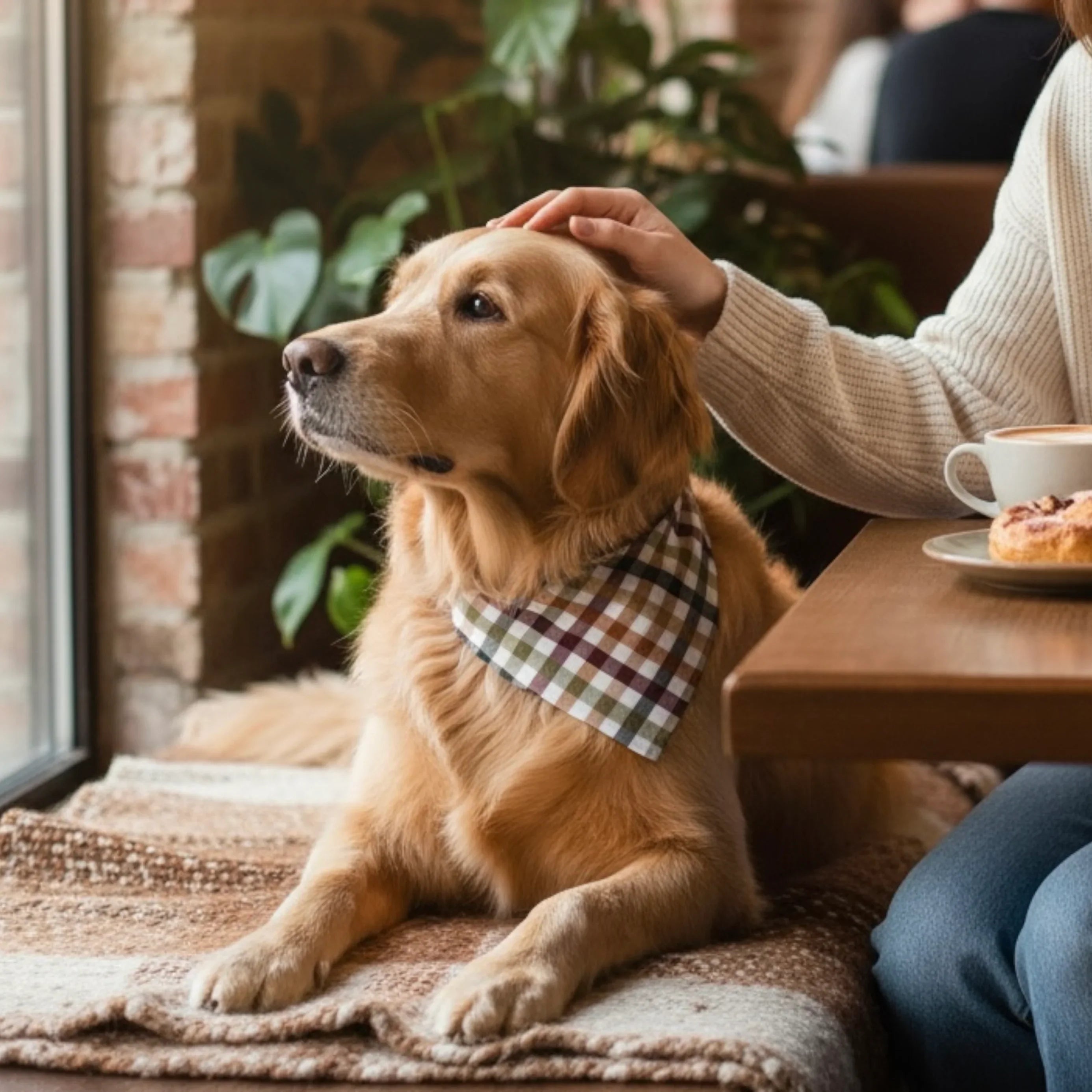 Check dog bandana in autumn colors of orange, green and purple.