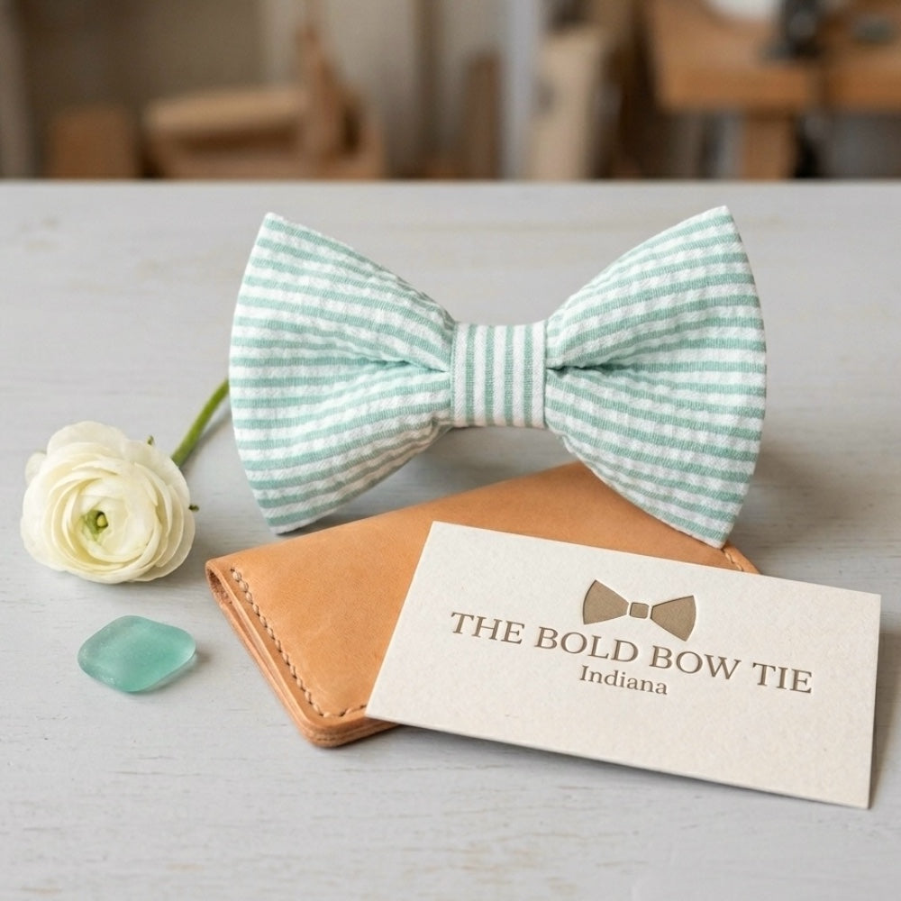 Close-up of light green blue striped cotton seersucker fabric on a handmade bow tie.