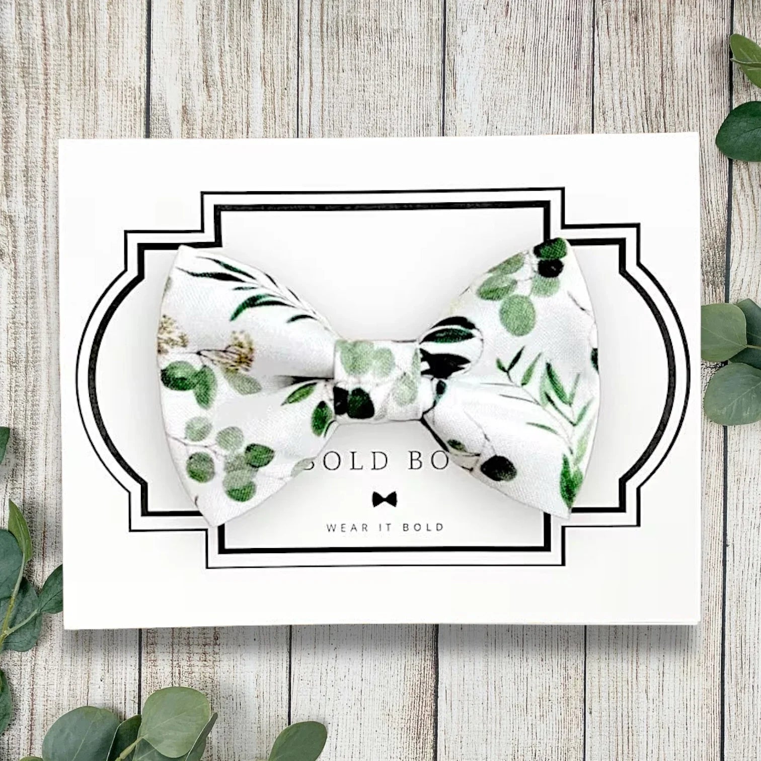 Floral dog bow tie in olive green and sage green botanical print for wedding dog ring bearer collar