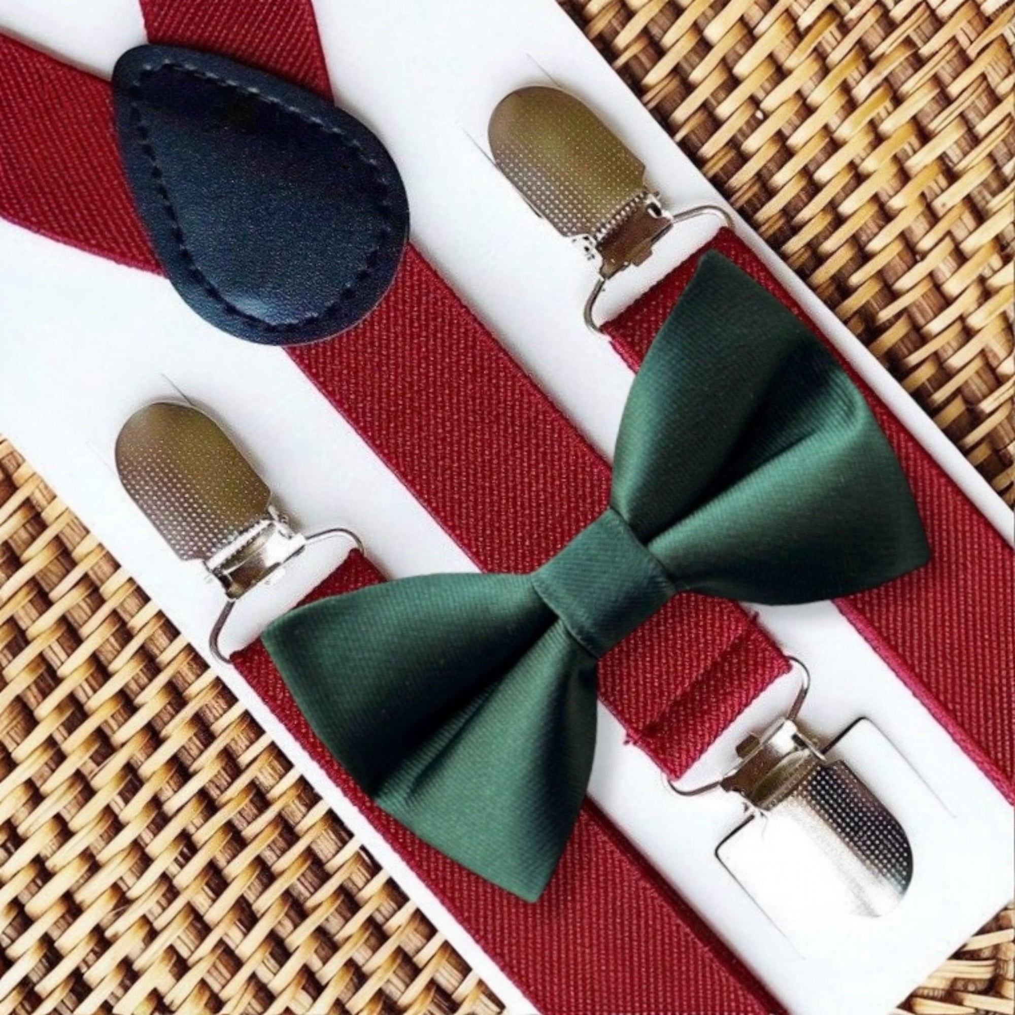 Emerald Green Bow Tie & Burgundy Suspenders Set