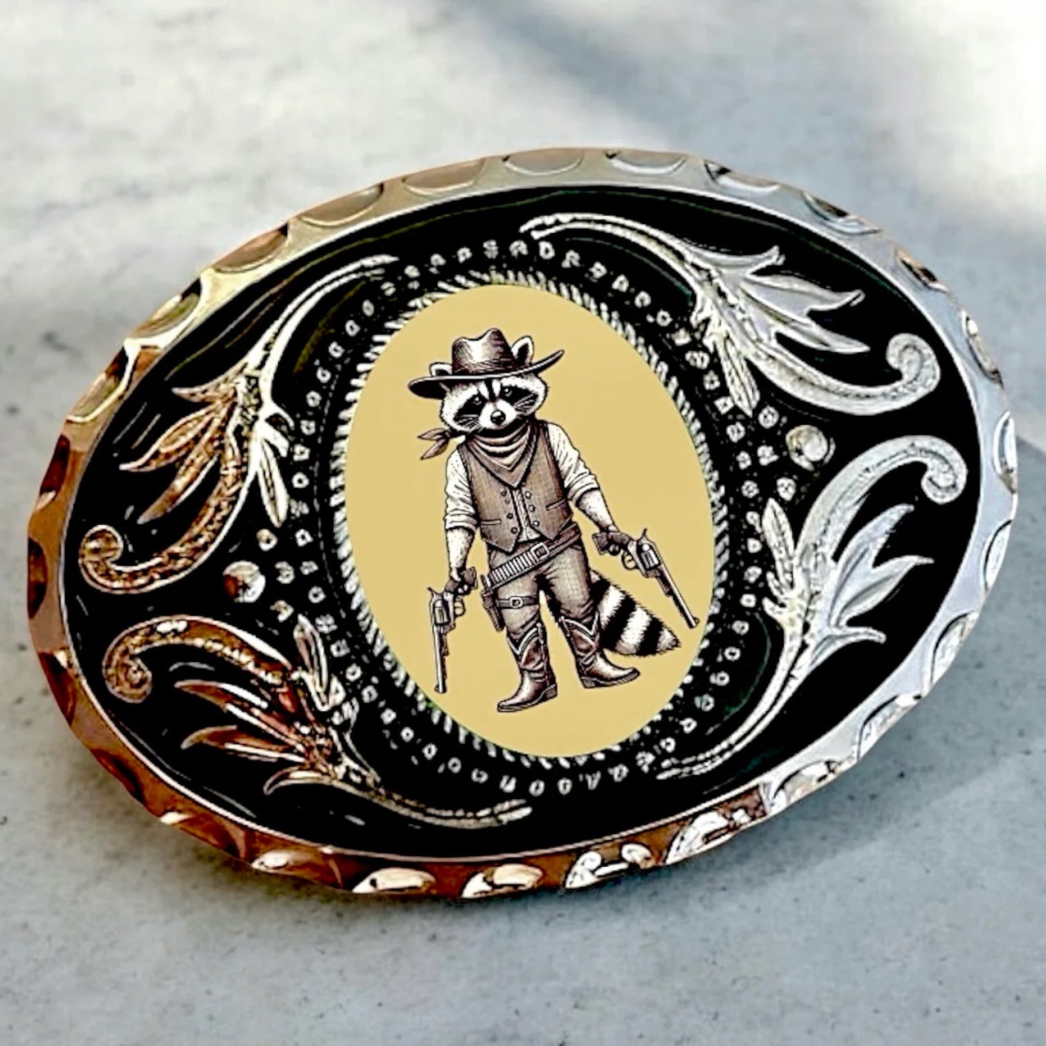 Raccoon with guns Belt Buckle Cowboy Western Accessory on marble table