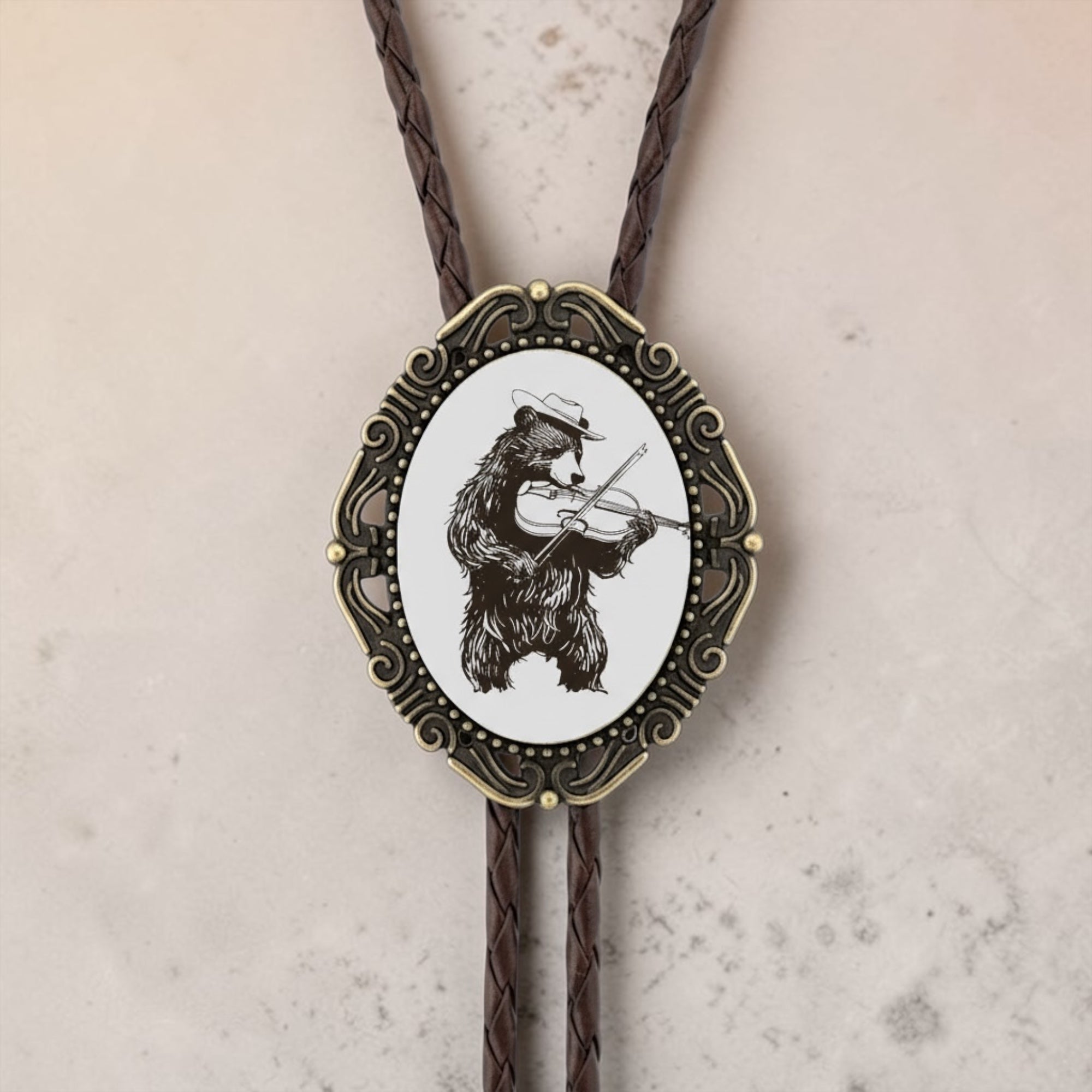Bear Playing Violin Bolo Tie Black Brown Genuine Leather Silver Brass Tips USA Handmade Groomsmen Gift