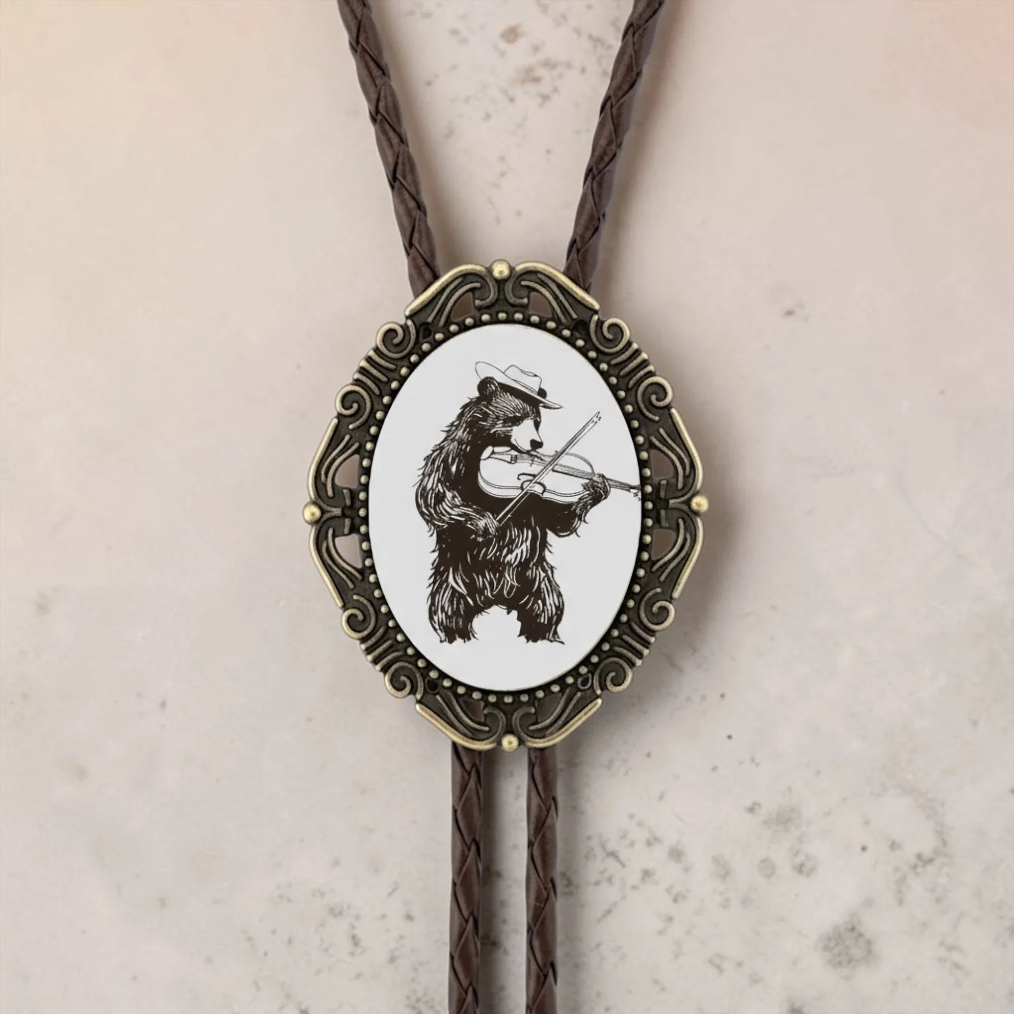Bear Playing Violin Bolo Tie Black Brown Genuine Leather Silver Brass Tips USA Handmade Groomsmen Gift