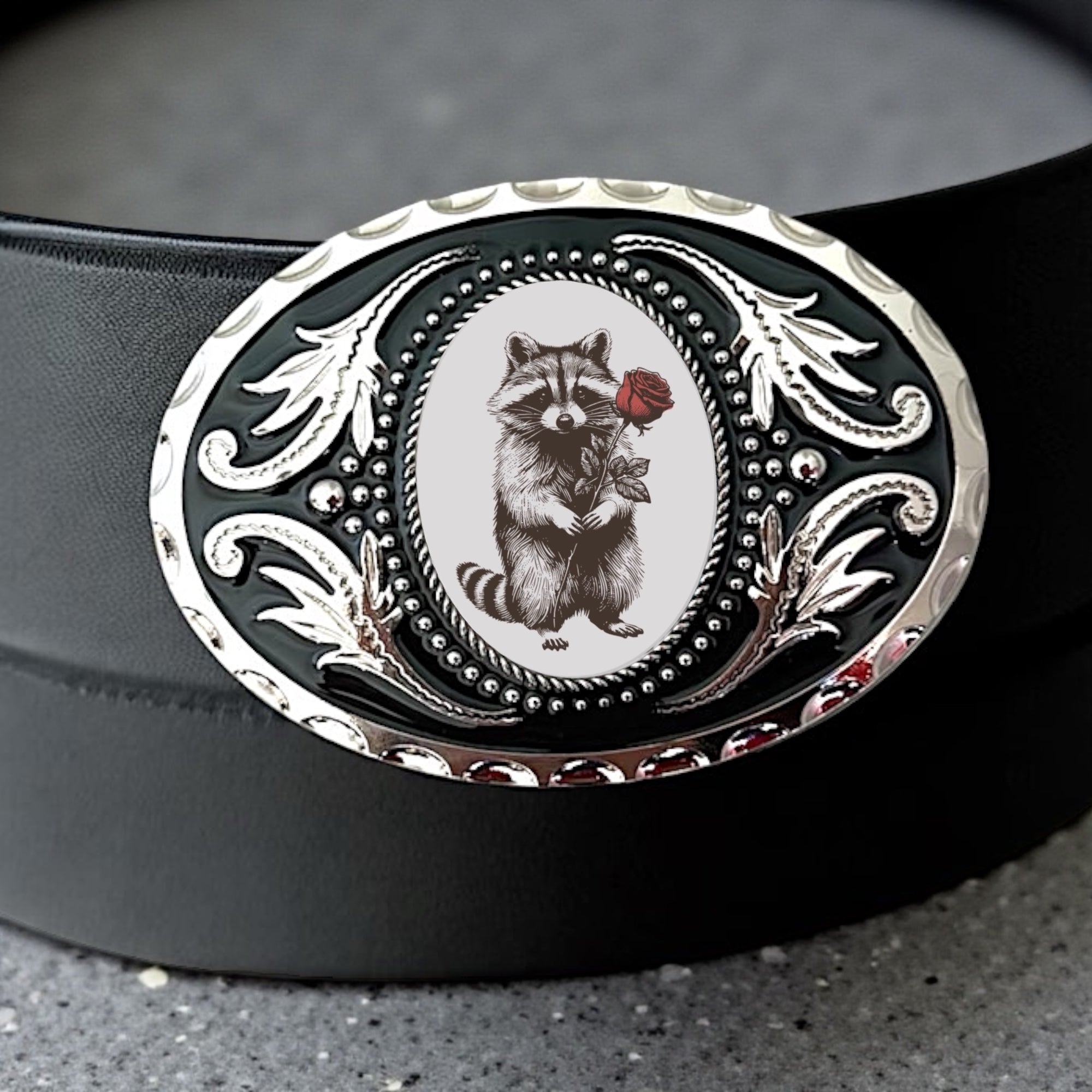Valentine Raccoon Belt Buckle with Hearts, Valentine Western Accessory