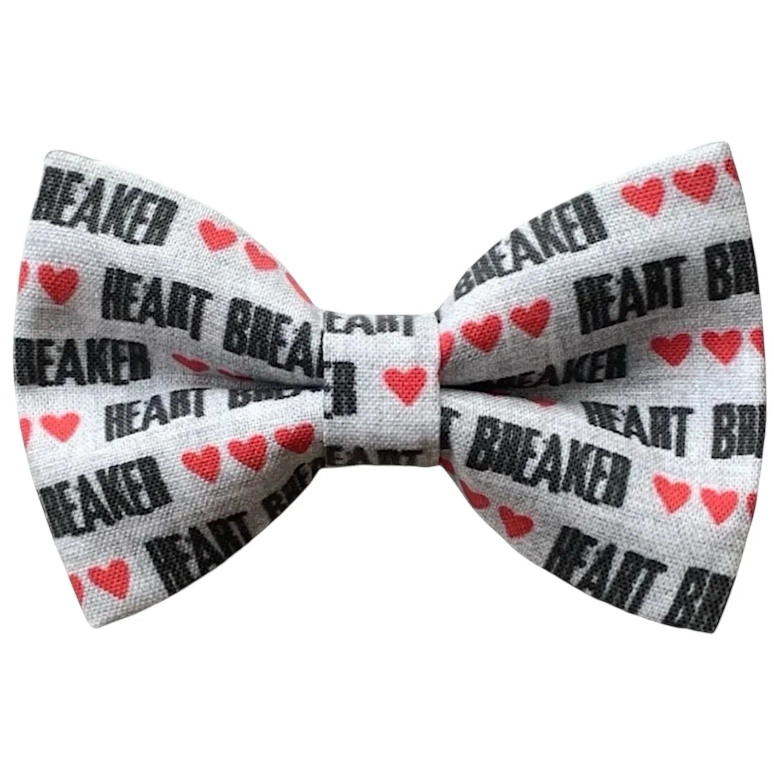 Valentine's Day Mens Bow tie with 'Heart Breaker' text and red hearts on a white background