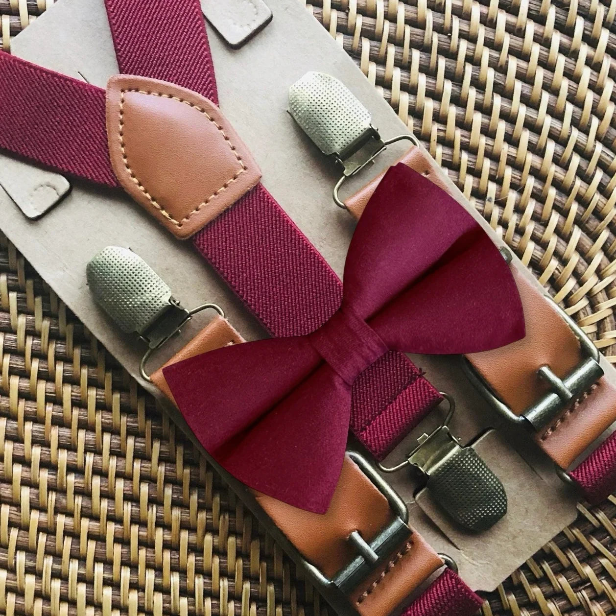 Burgundy Bow Tie & Buckle Burgundy Suspenders Set for groomsmen, wedding or Christmas.