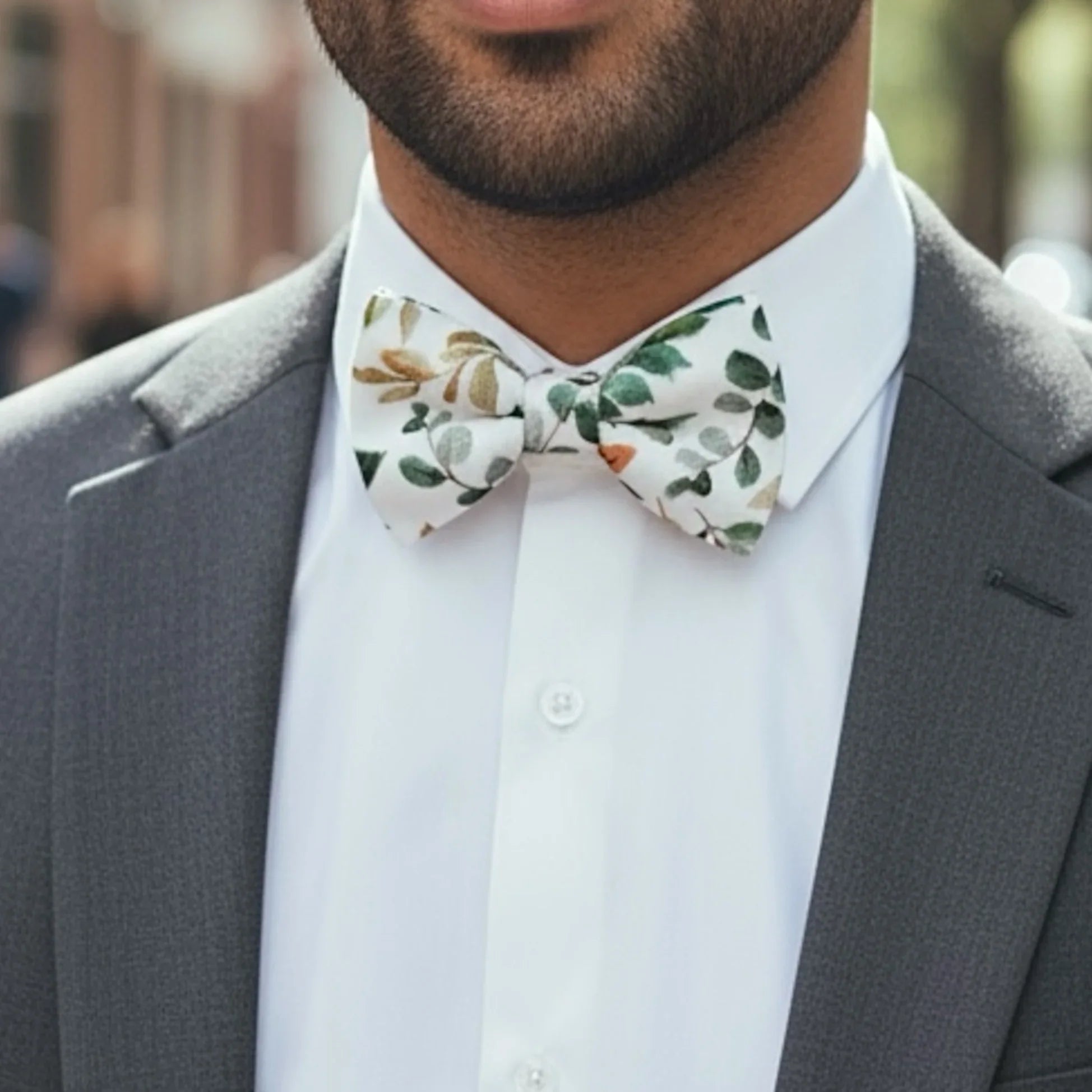 Floral bow tie for men, toddler bow tie and boys wedding attire in sage green and white.
