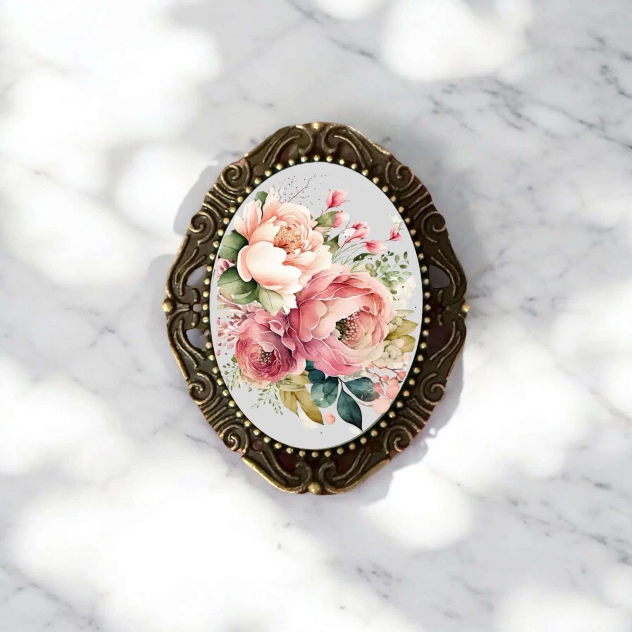 Handmade bronze victorian style floral brooch for her, Mother's Day gift, or birthday gift on a white background.