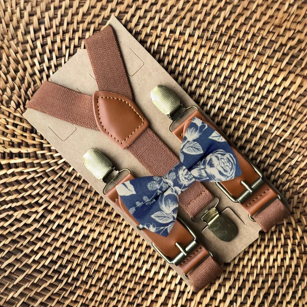 Size chart for suspender and bow tie sets from The Bold Bow Tie. X-Small (6mo-4yr): 15"-23" suspenders, 3.5" bow. Small (5-9yr): 18"-33" suspenders, 3.5" bow. Medium (10-12yr): 18"-33" suspenders, 4" bow. Adult (13yr-6'5"): 30"-53" suspenders, 4.5" bow. Big & Tall (Over 6'5"): 53"+ suspenders, 4.5" bow. Instructions note to measure from the back waistband over the shoulder to the front waistband for a comfortable fit.