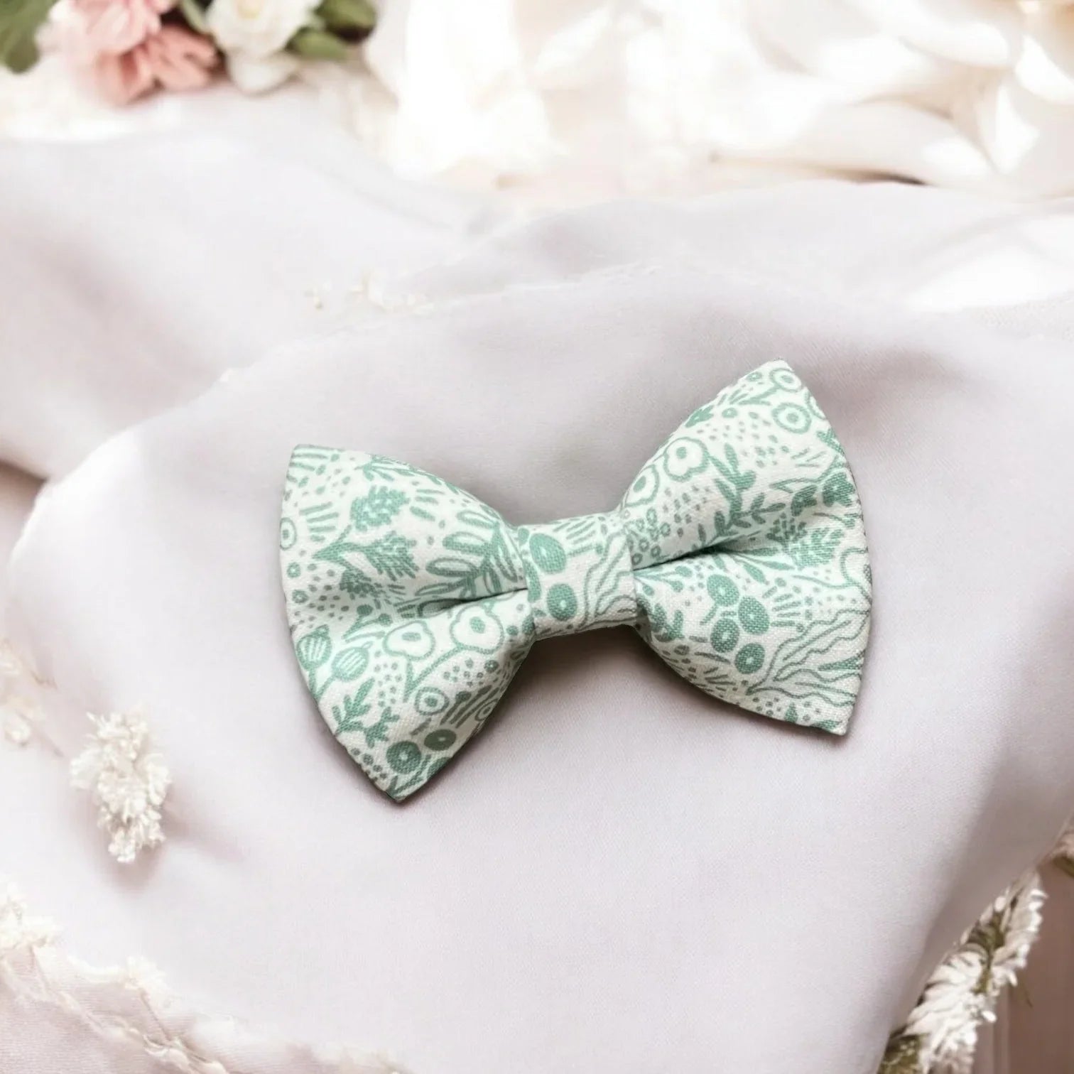 Sage green floral bow tie for men, toddlers and kids handmade in the USA and pre-tied, for wedding, groomsmen and ring bearer.