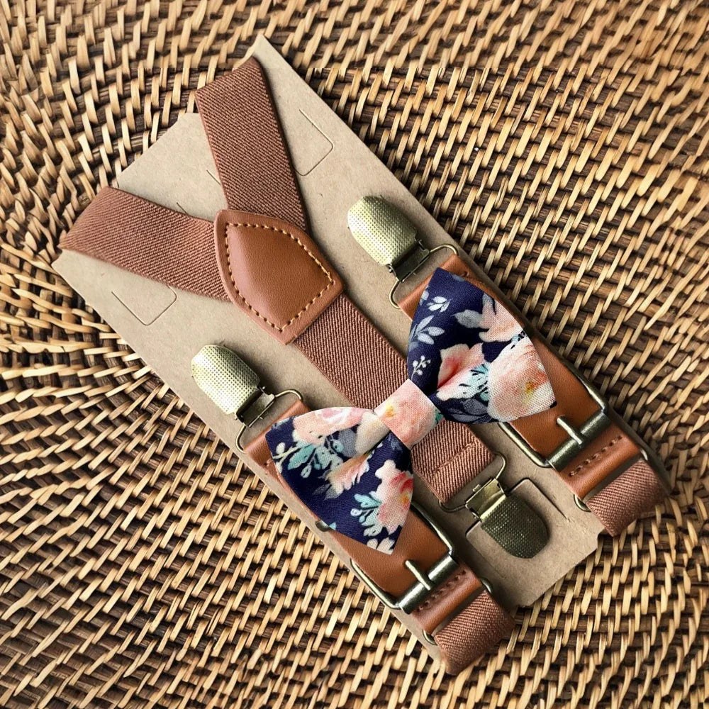 Size chart for suspender and bow tie sets from The Bold Bow Tie. X-Small (6mo-4yr): 15"-23" suspenders, 3.5" bow. Small (5-9yr): 18"-33" suspenders, 3.5" bow. Medium (10-12yr): 18"-33" suspenders, 4" bow. Adult (13yr-6'5"): 30"-53" suspenders, 4.5" bow. Big & Tall (Over 6'5"): 53"+ suspenders, 4.5" bow. Instructions note to measure from the back waistband over the shoulder to the front waistband for a comfortable fit.