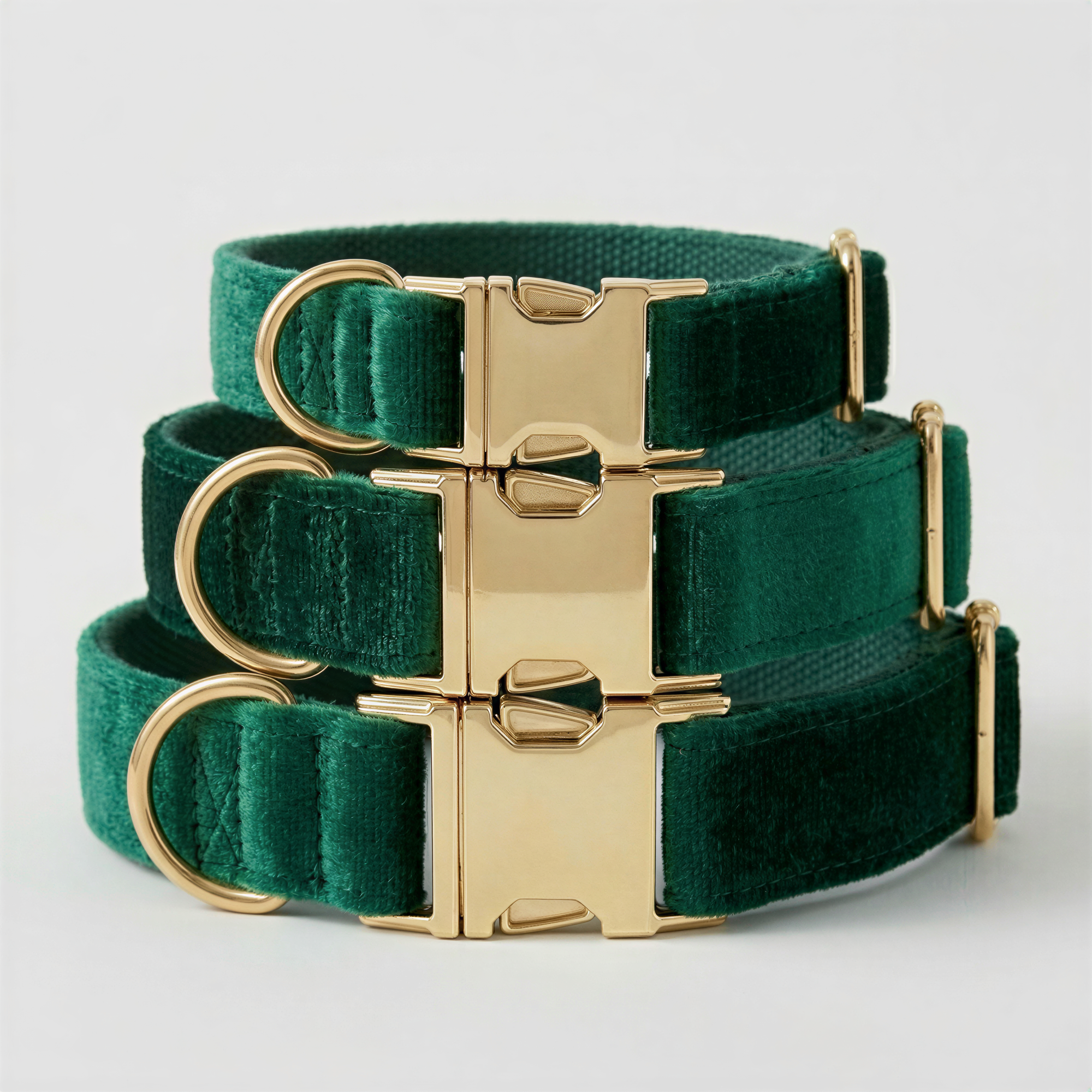 Green velvet dog collars with gold buckles on a light gray background