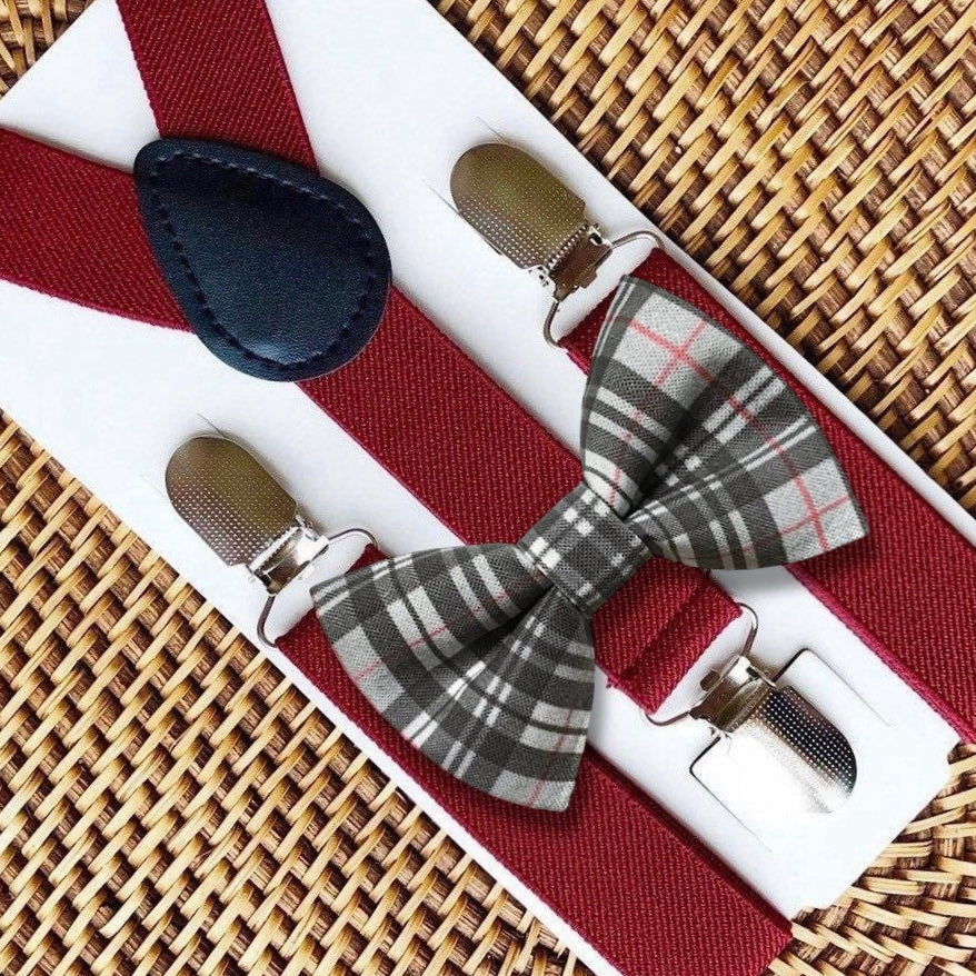 Gray Plaid Bow Tie & Burgundy Suspenders Set for Christmas or Thanksgiving