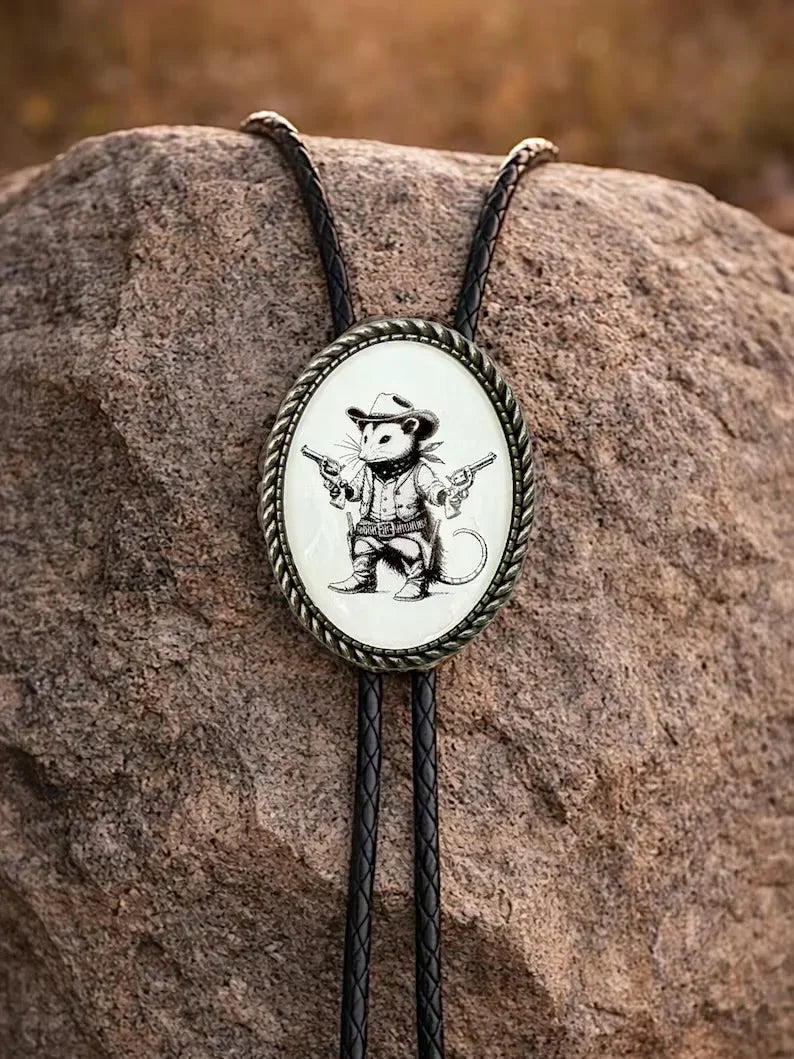 Funny bolo tie with cowboy opossum.