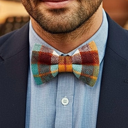 Man wearing a n orange plaid bow tie with a blue shirt and dark suit.