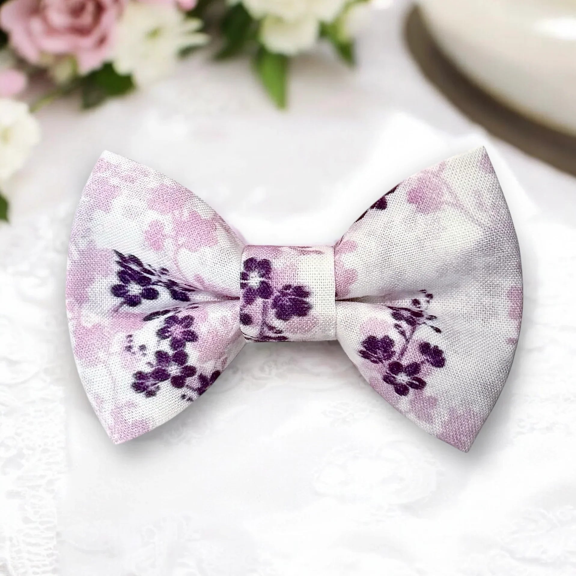 Purple floral bow tie for men, toddlers and kids handmade in the USA and pre-tied, for wedding, groomsmen and ring bearer.