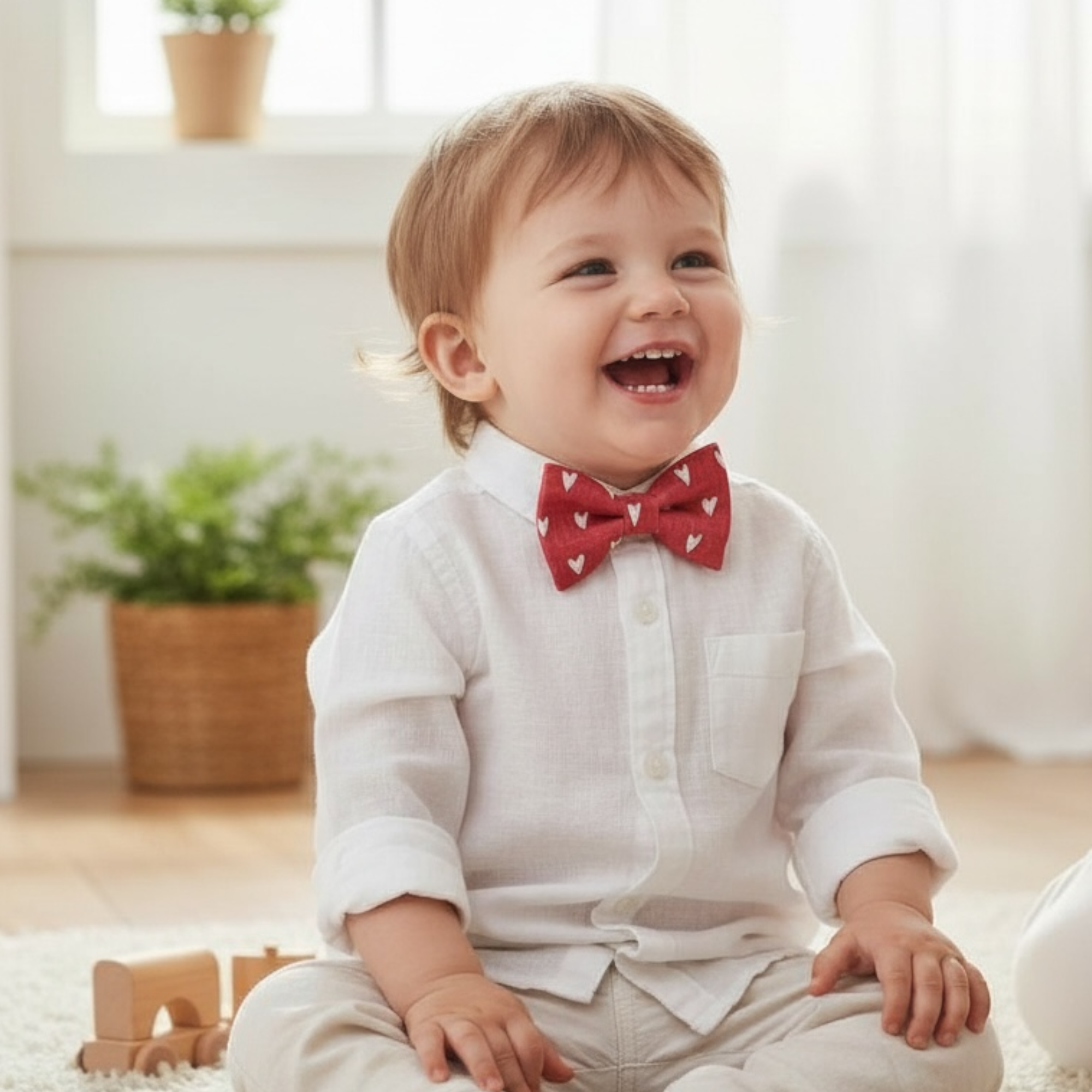 Child wearing a red Valentine’s Day bow tie with white heart patterns, sitting indoors.