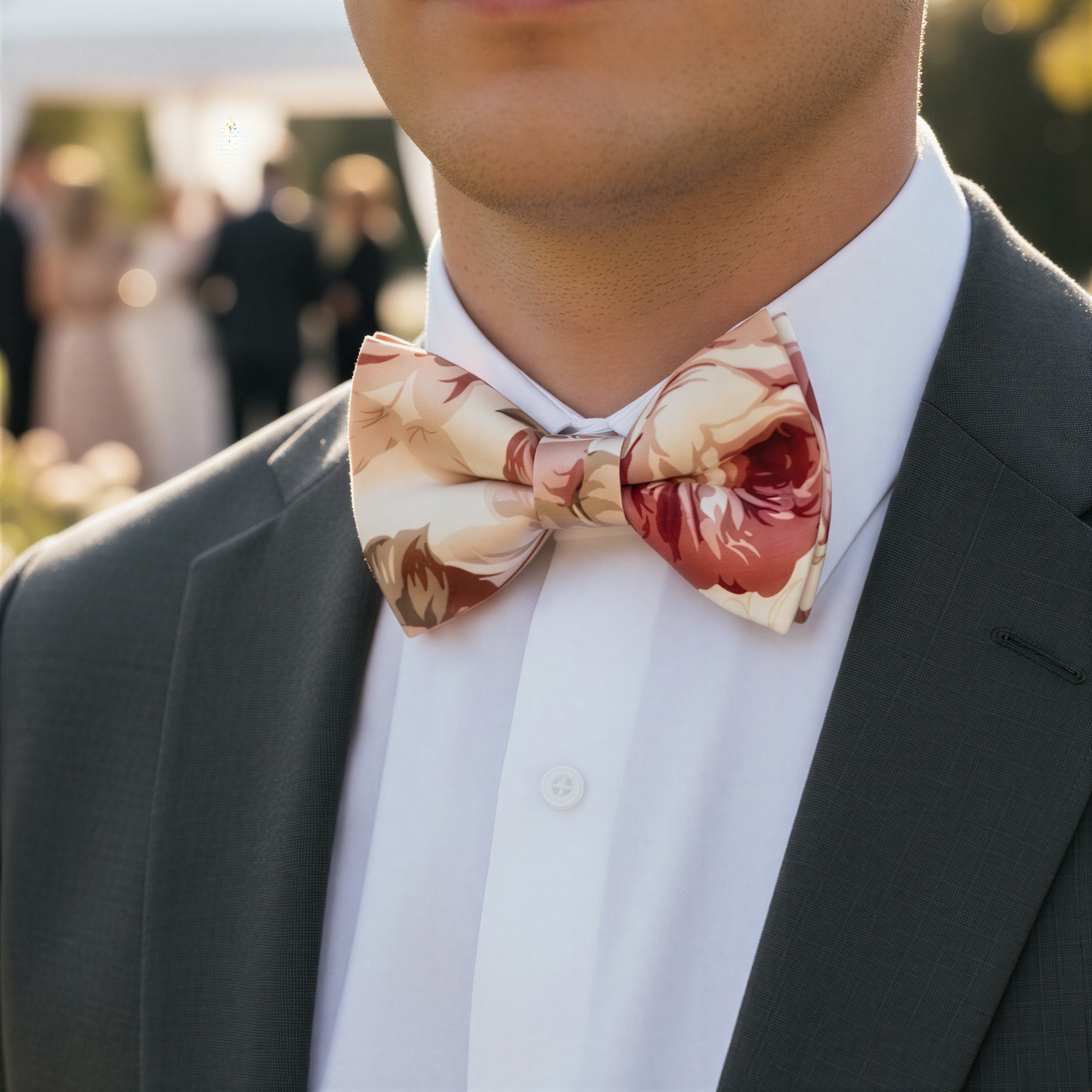 Size chart for pre-tied bow ties from The Bold Bow Tie detailing measurements across three sizes. Small is 3.5 inches wide and recommended for ages 6 months to 5 years. Medium is 4 inches wide and recommended for ages 6 to 12 years. Large is 4.5 inches wide and recommended for ages 13 years and up. Visual icons illustrate the relative sizes with horizontal arrows showing that width is measured from wingtip to wingtip. Bottom text notes that all bow ties are pre-tied and ready to add to your outfit.