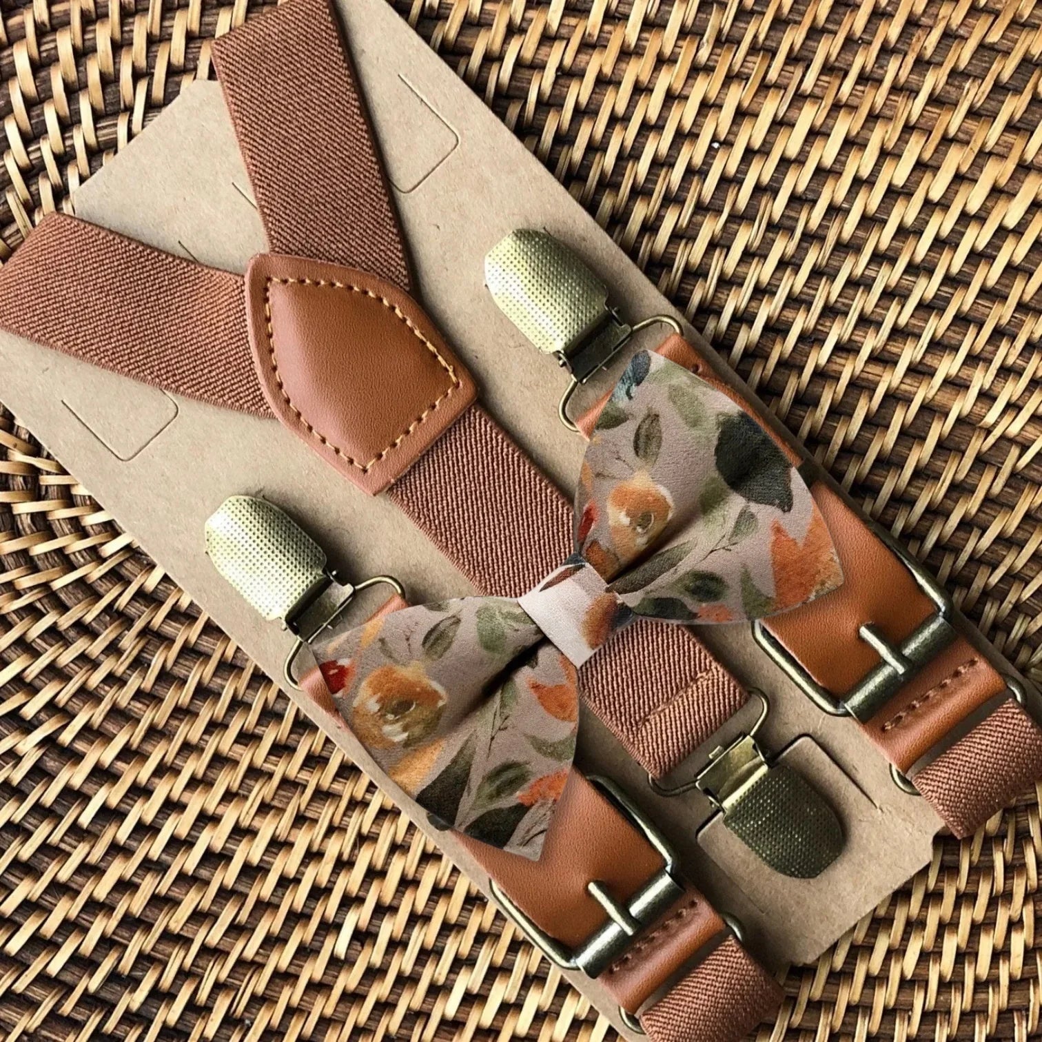Floral bow tie and suspenders in brown flowers for fall and autumn