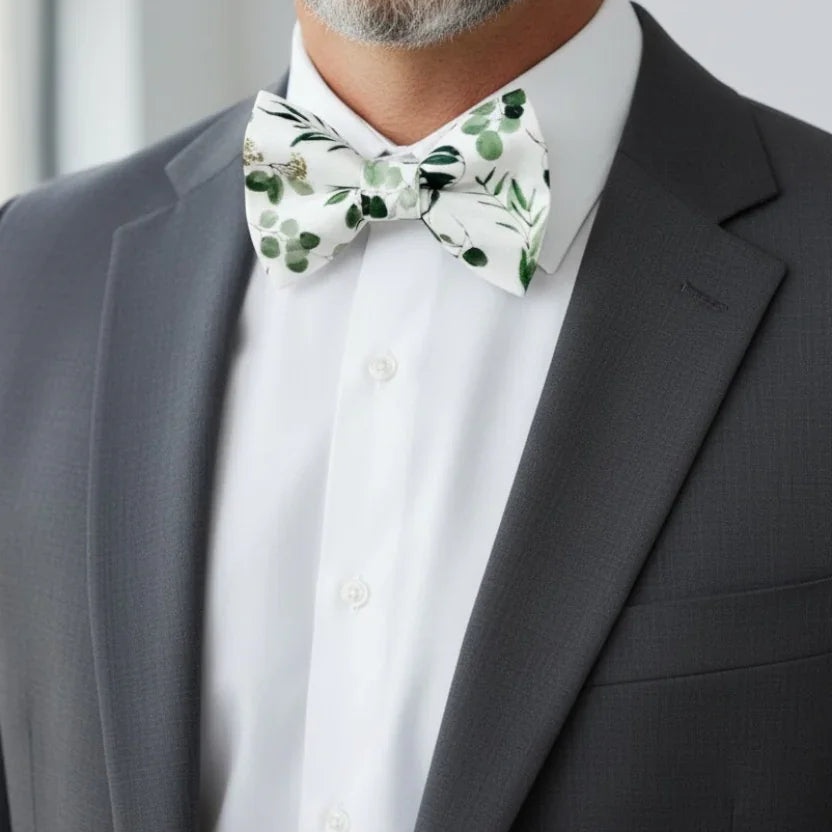 Floral bow tie for men worn by a man at a wedding.