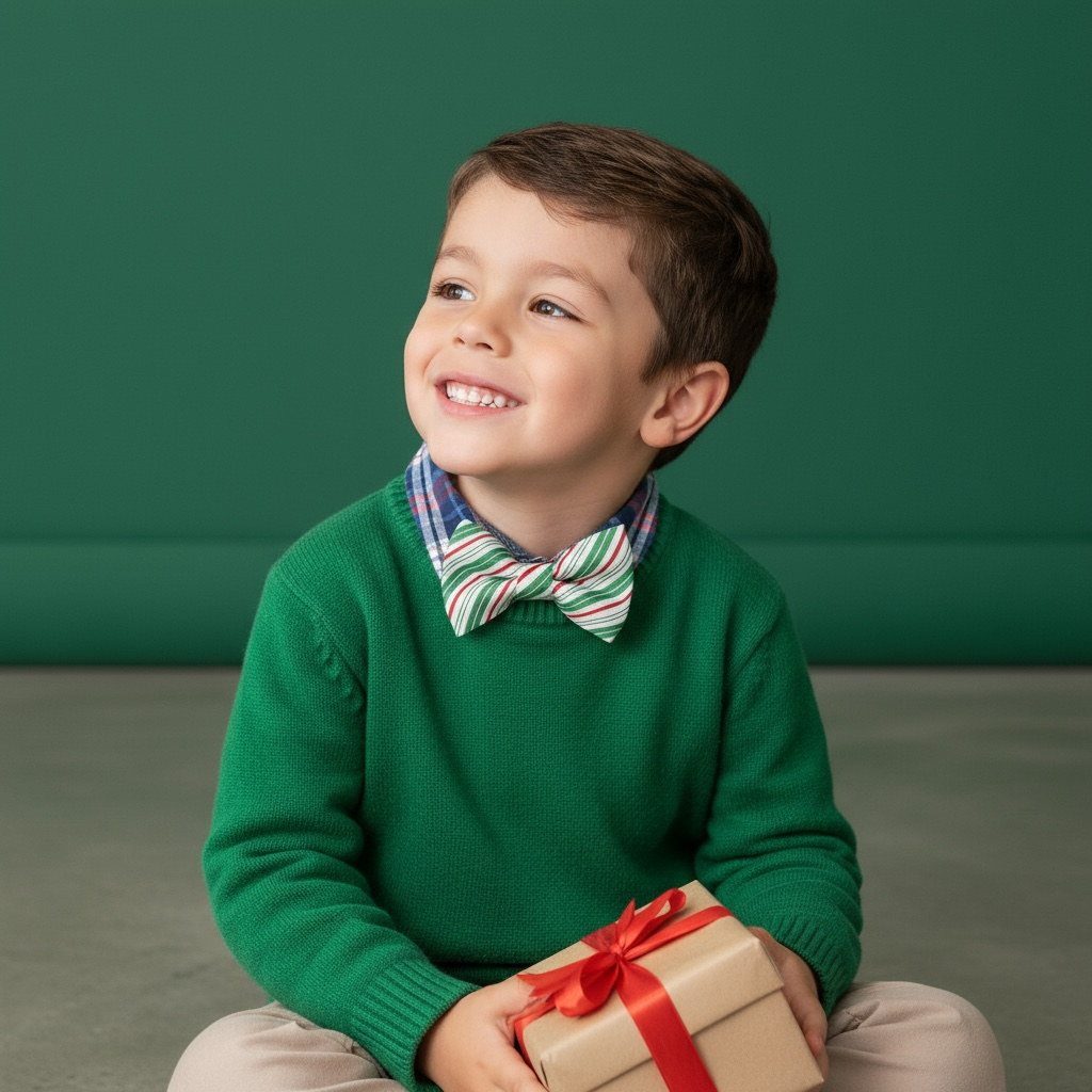 Child wearing a green sweater and Christmas bow tie, holding a gift box with a red ribbon against a green background.