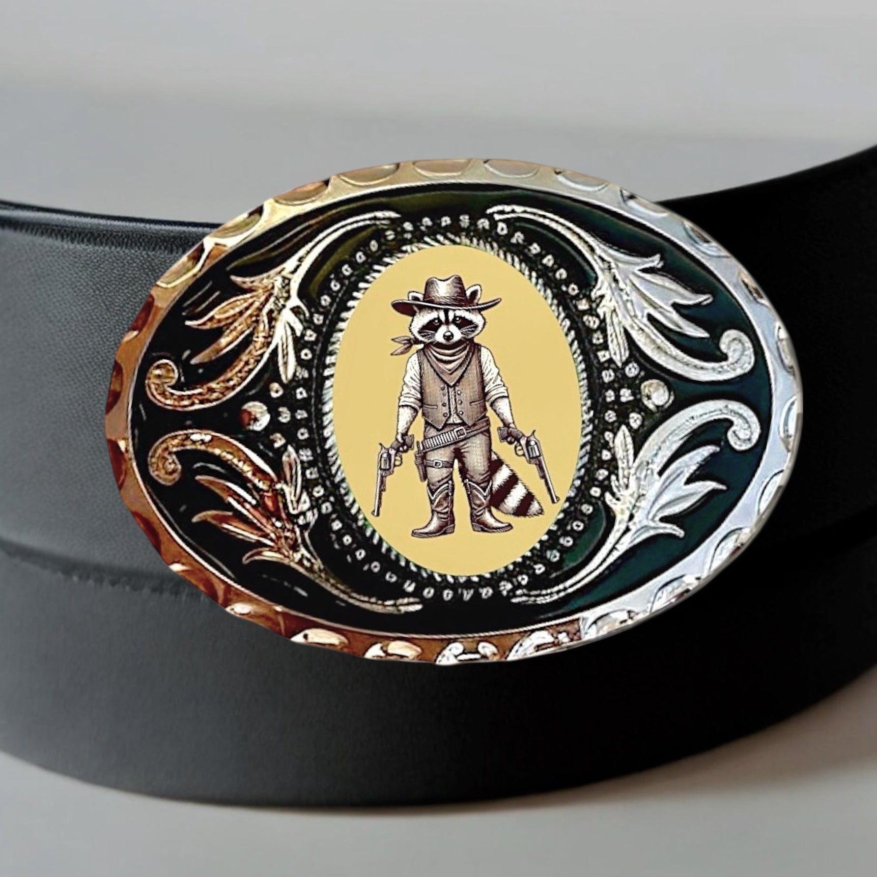 Belt with a decorative buckle featuring a raccoon in a cowboy hat and boots on a gray background