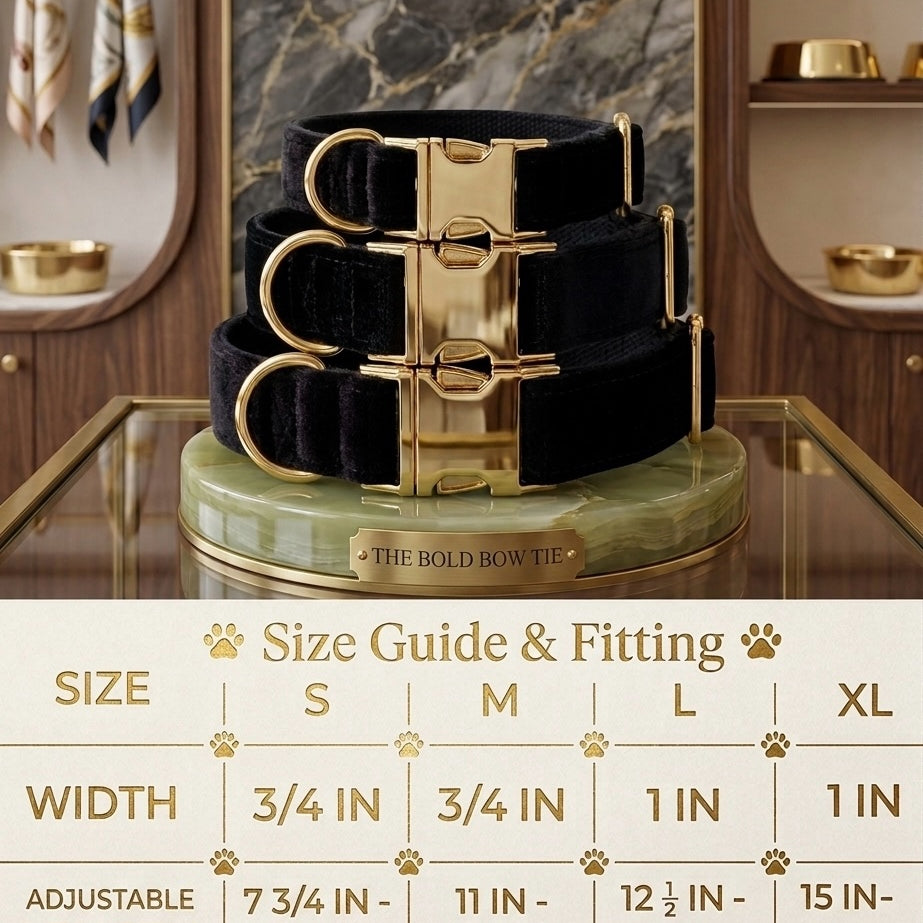 Velvet dog collars with gold buckle hardware arranged above a sizing chart. The chart details four sizes: Small has a width of 3/4 inch and an adjustable length of 7 3/4 to 11 3/4 inches. Medium has a width of 3/4 inch and an adjustable length of 11 to 18 3/4 inches. Large has a width of 1 inch and an adjustable length of 12 1/2 to 21 1/2 inches. Extra Large has a width of 1 inch and an adjustable length of 15 to 23 1/2 inches