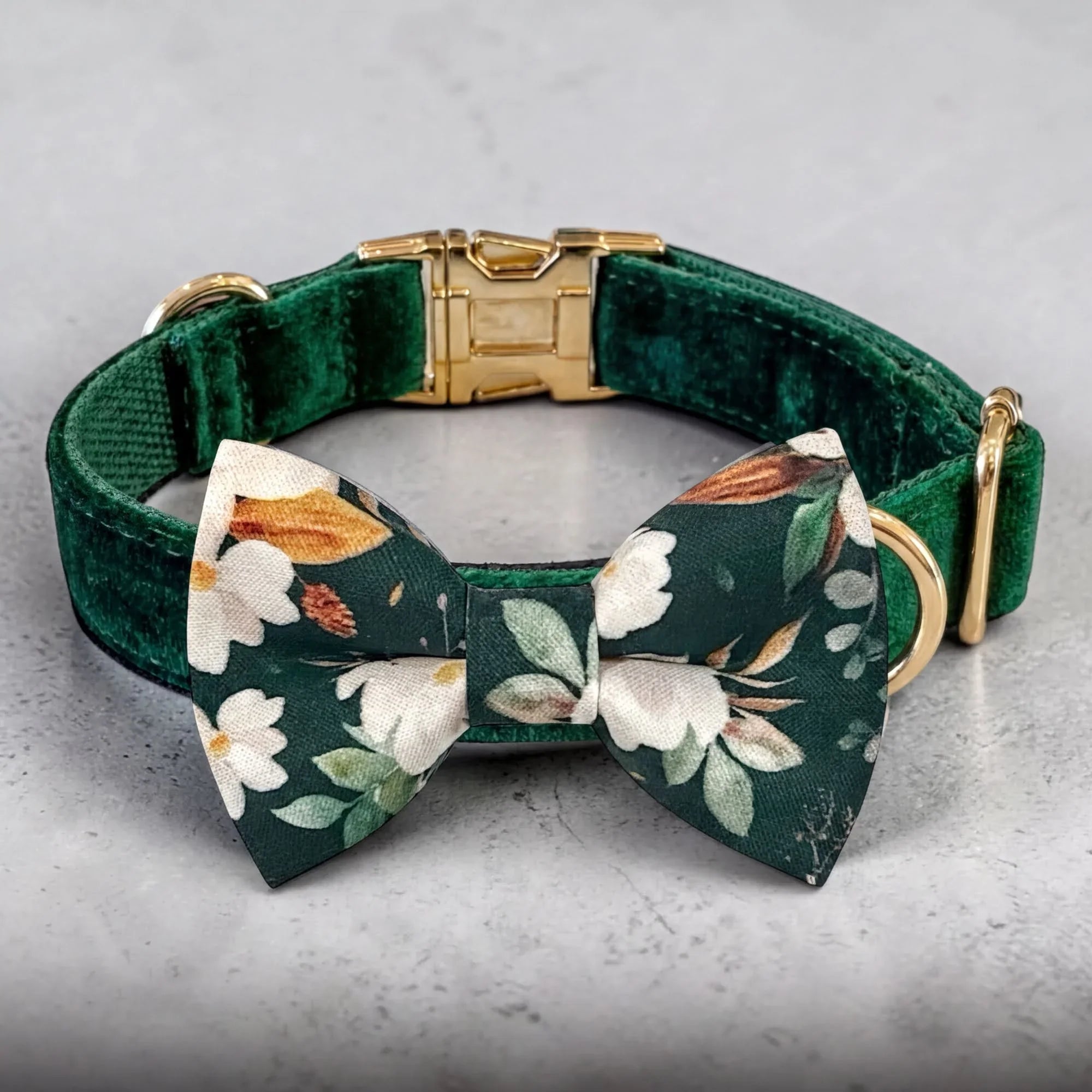 A green velvet dog collar with a gold buckle and a bow tie with a floral pattern.