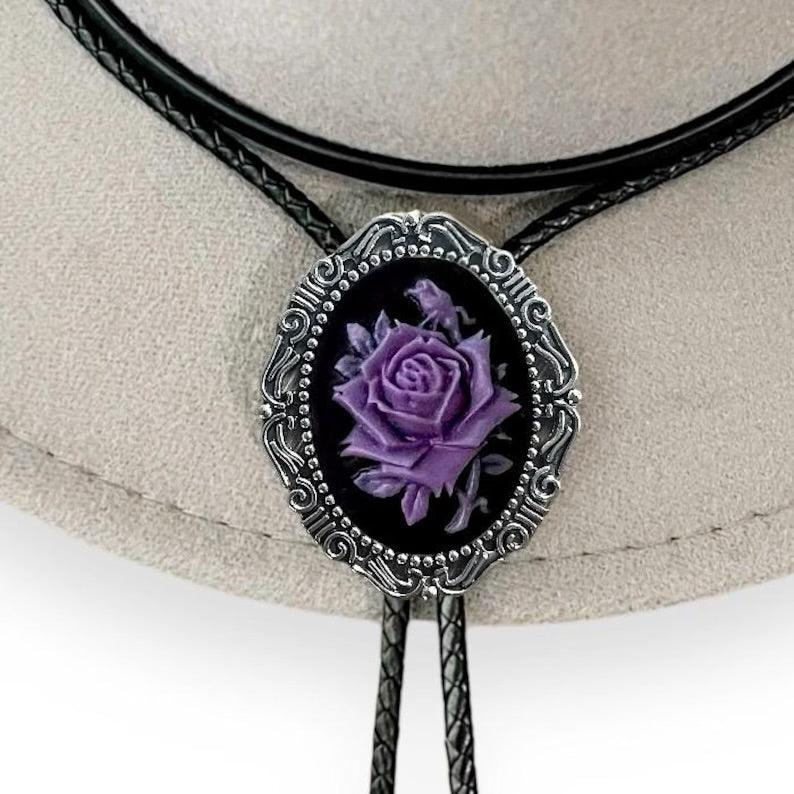 Bolo Tie- Black & Purple Rose on silver bezel with black leather cord.