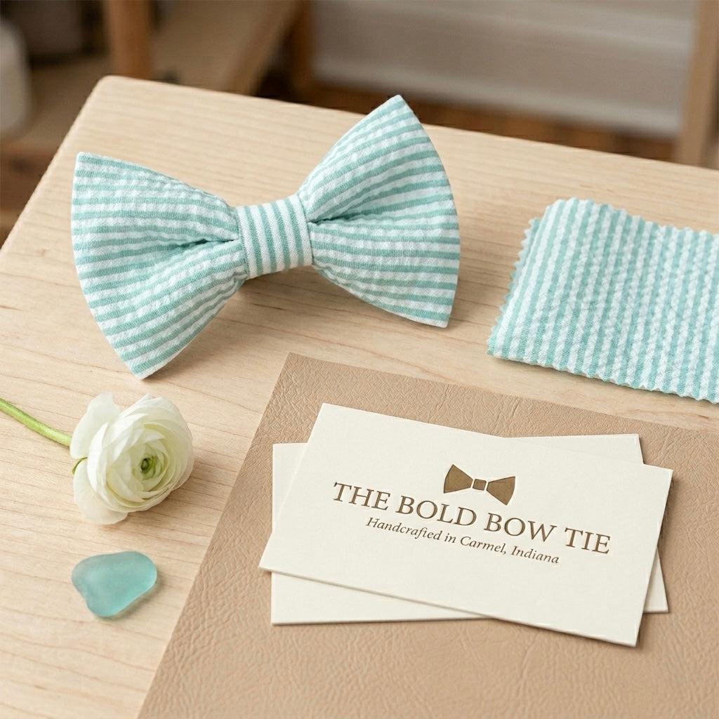 Aqua and white striped seersucker pre-tied bow tie for ring bearer outfit, groomsmen and weddings.