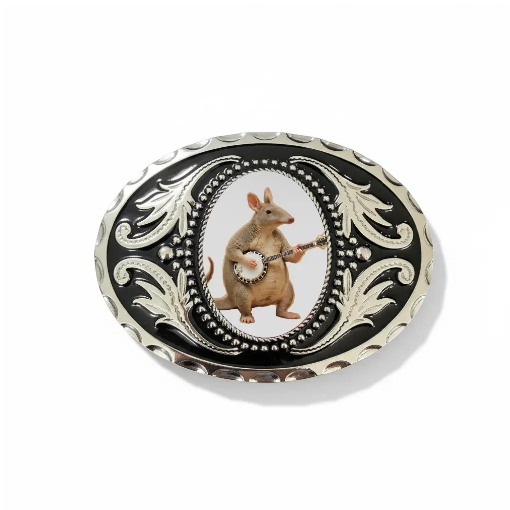 Silver belt buckle with funny ant eater.