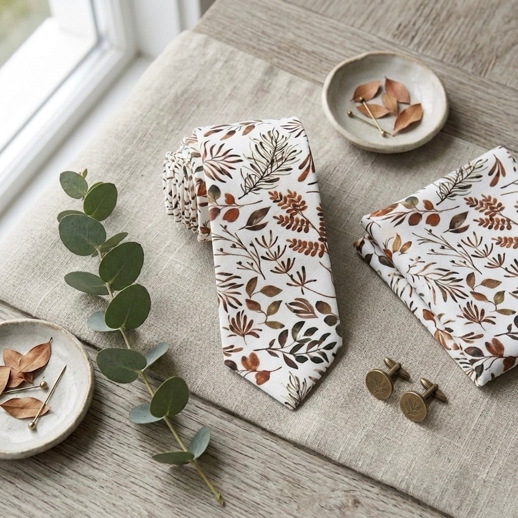 Wedding autumn floral men’s tie with burnt orange and brown leaves on a white background surrounded by soft props such as a eucalyptus leaf by The Bold Bow Tie.