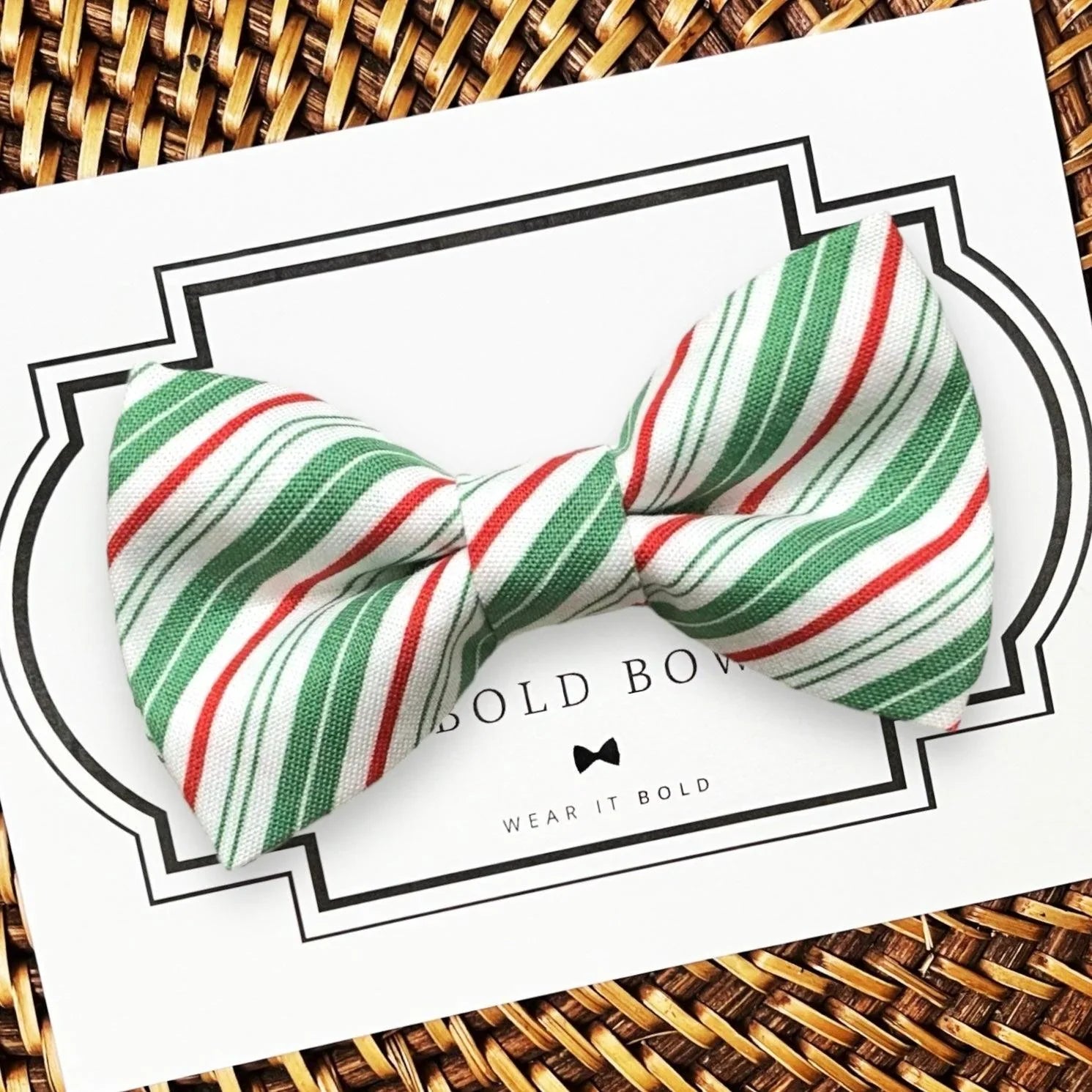 Wintergreen Candy Cane Dog Bow Tie for Dog Collar and Cat Collar on a Woven background