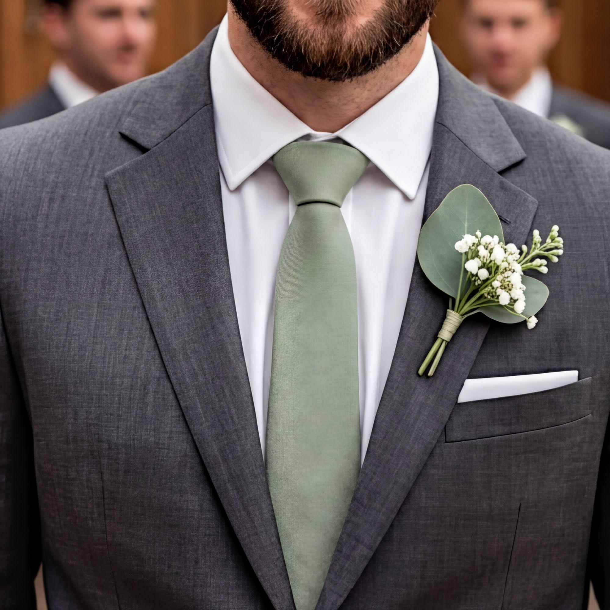 Sage Tie for Men worn by a groomsman at a wedding wearing a gray suit with a boutonniere, blurred background.