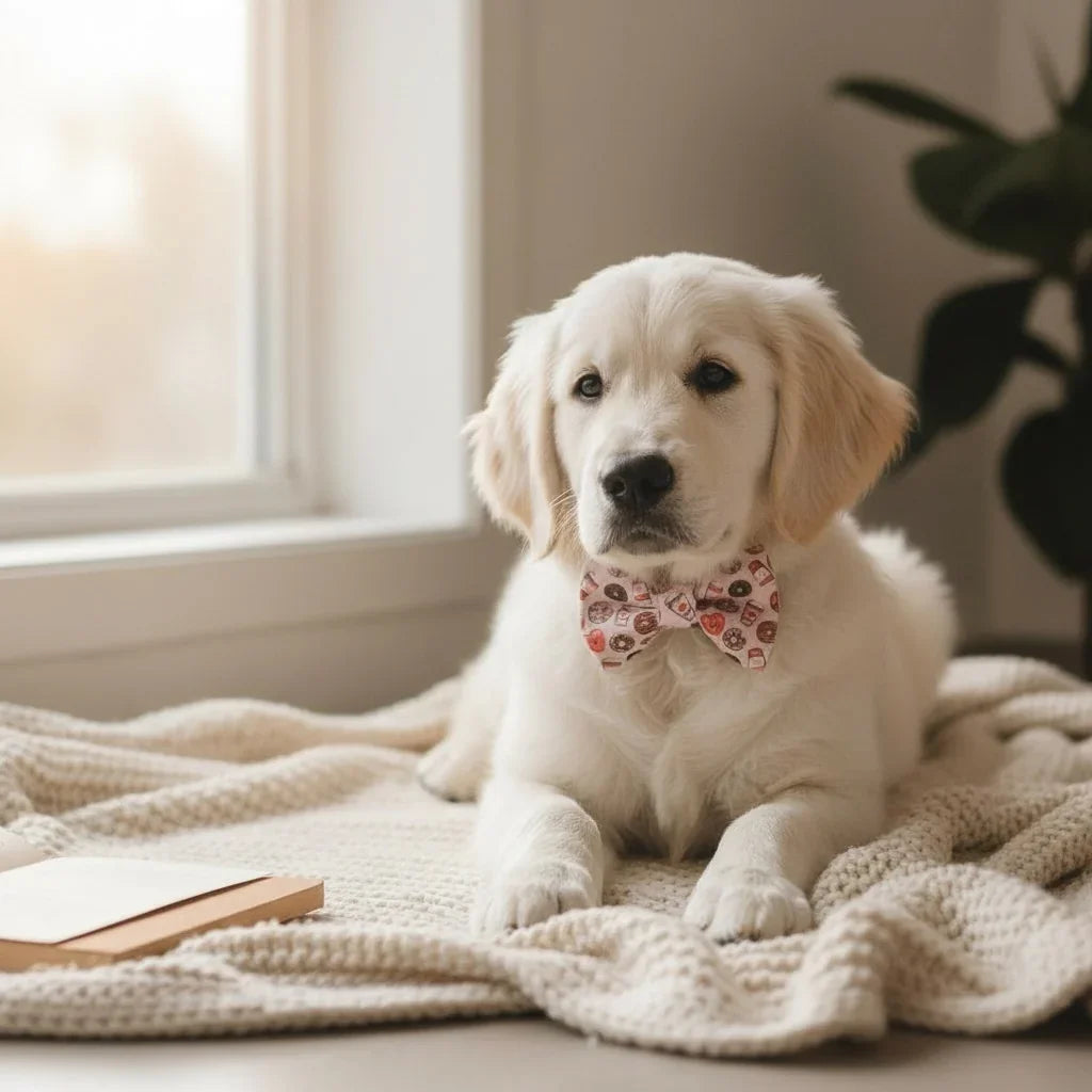 Pink Valentine's day dog bow tie worn by a white dog.