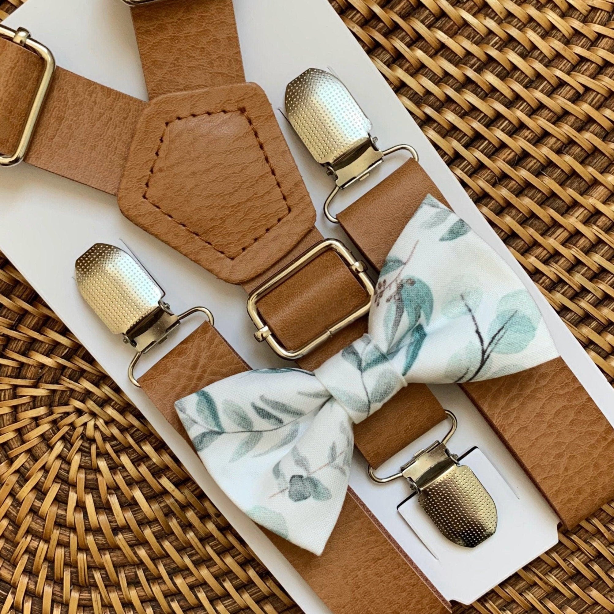 Sage Floral Bow Tie & Tan Vegan Leather Suspenders Set for ring bearer outfit, groomsman gift or wedding attire.