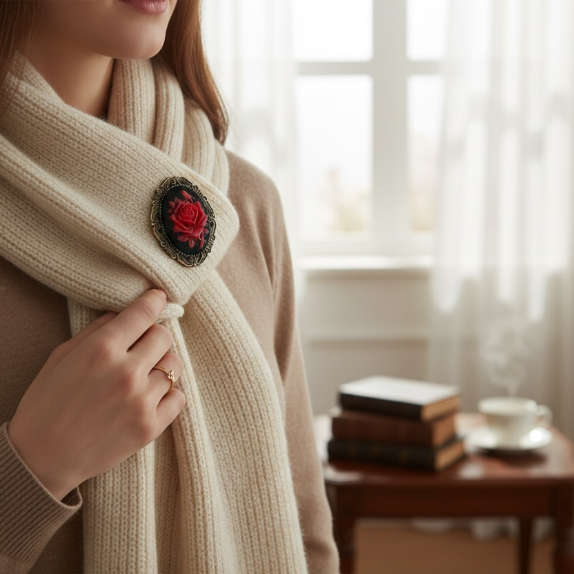 Person wearing a beige scarf with a red rose brooch in a cozy living room.
