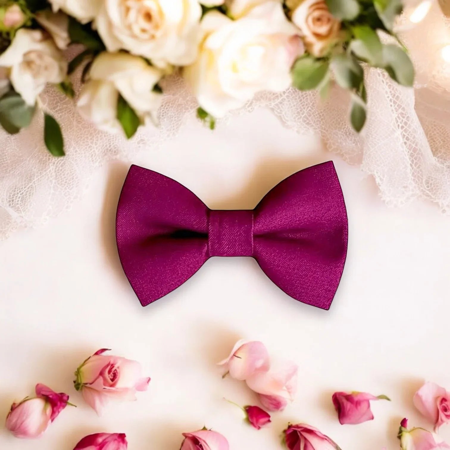 Purple bow tie for men groomsmen in weddings surrounded by flowers.