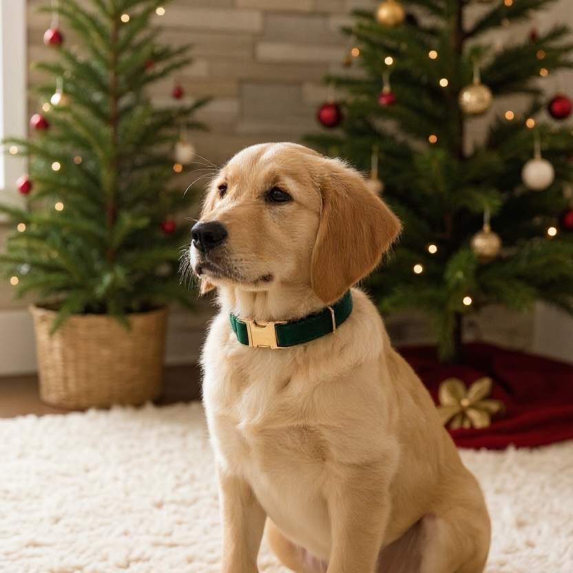 Dog sitting on a carpet wearing a green velvet dog collar with Christmas trees decorated with ornaments in the background.