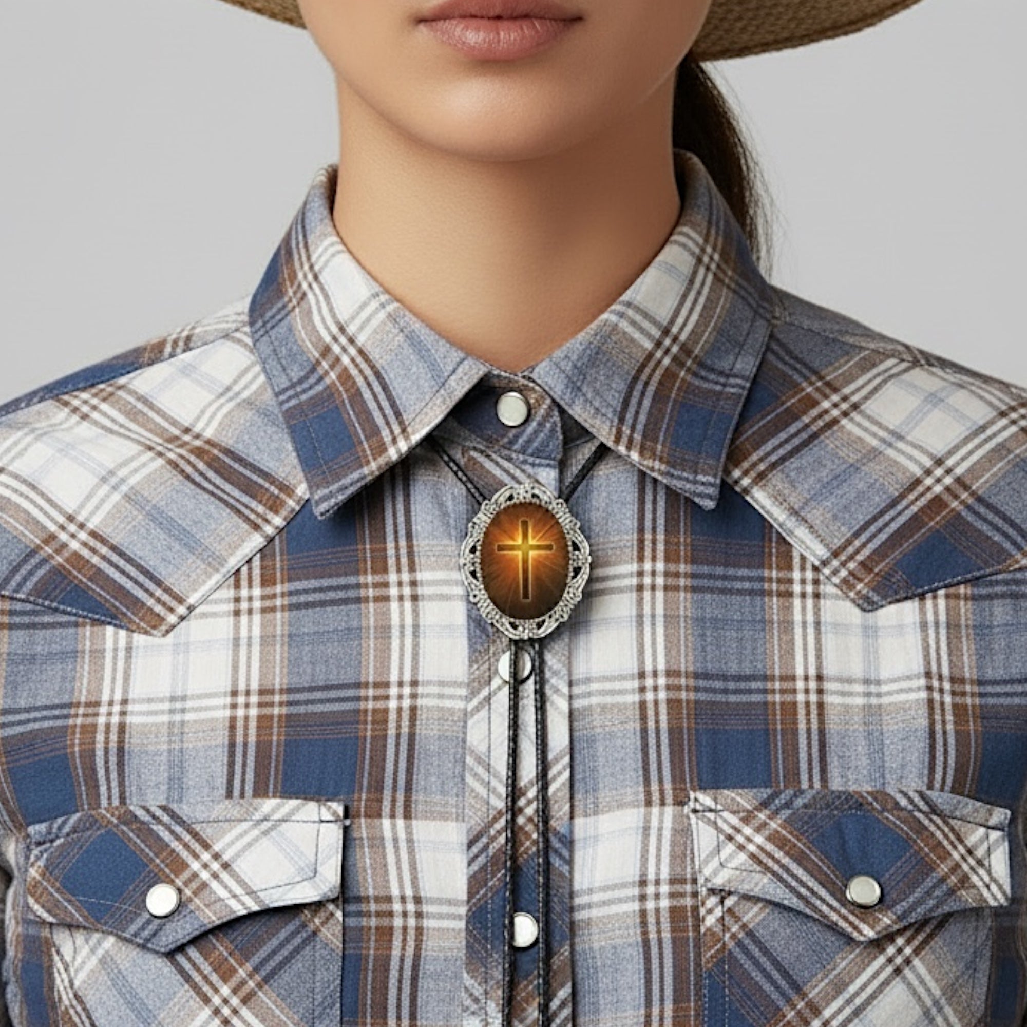 Cowgirl wearing a plaid shirt with a Christian cross bolo tie and straw hat on a plain background