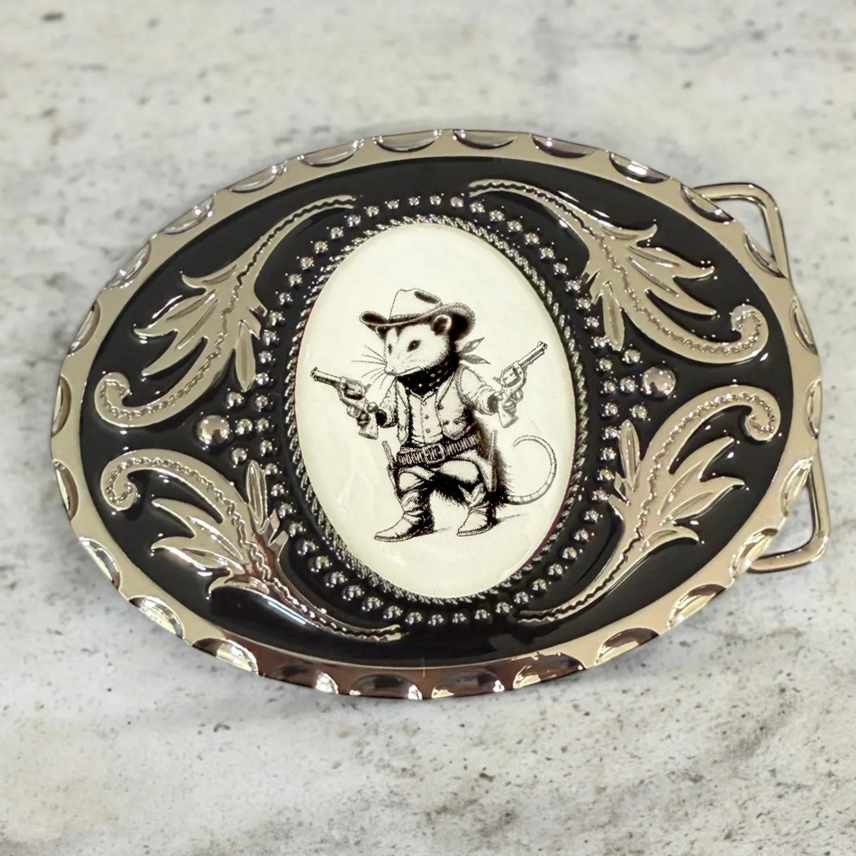Funny belt buckle for men and women with cowboy opossum.