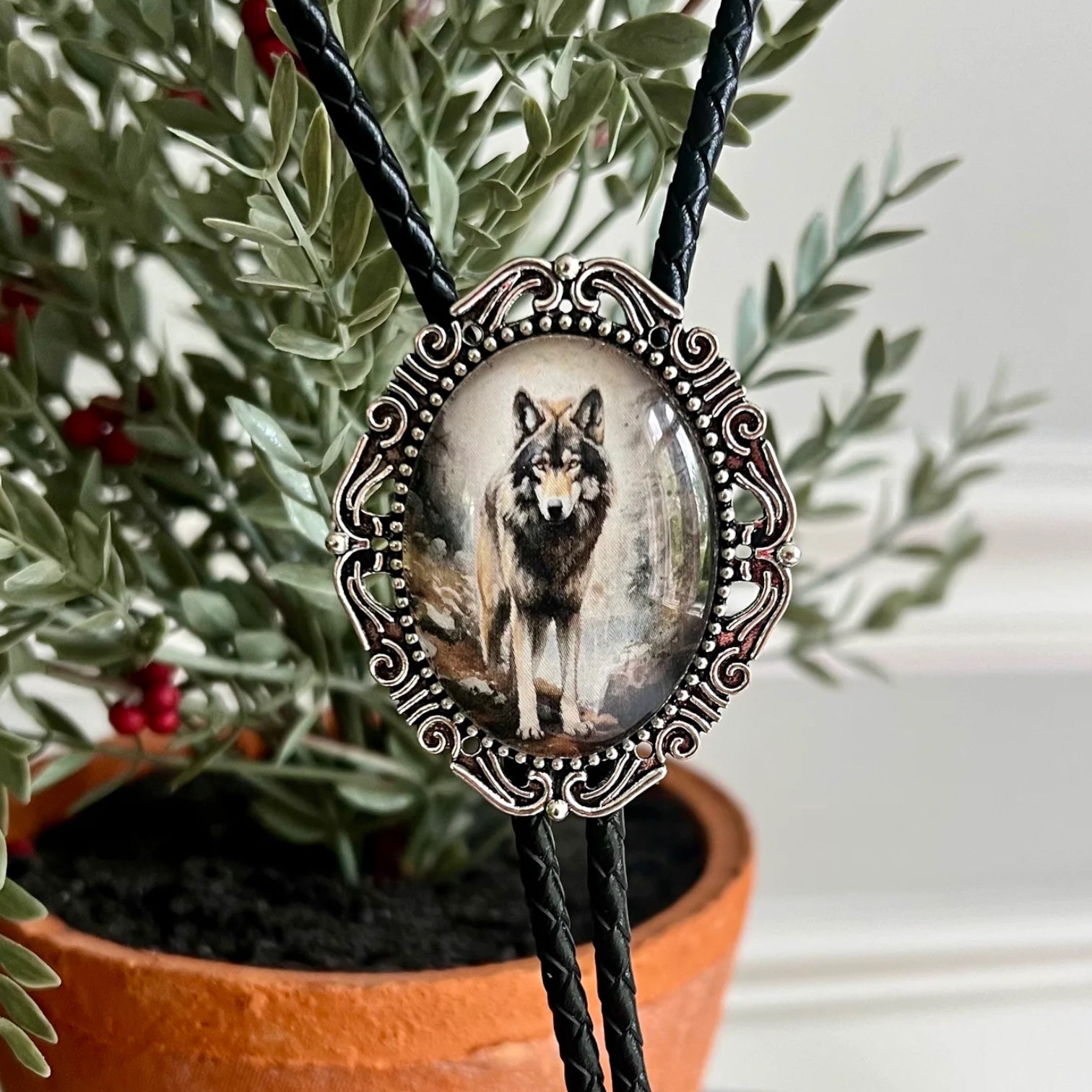 Silver Bolo Tie- w/ Gray Wolf Cowboy String Tie