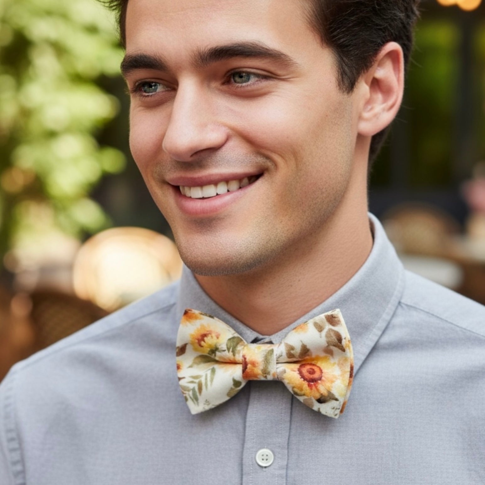 Groomsman wearing a wild sunflower bow tie with a gray shirt