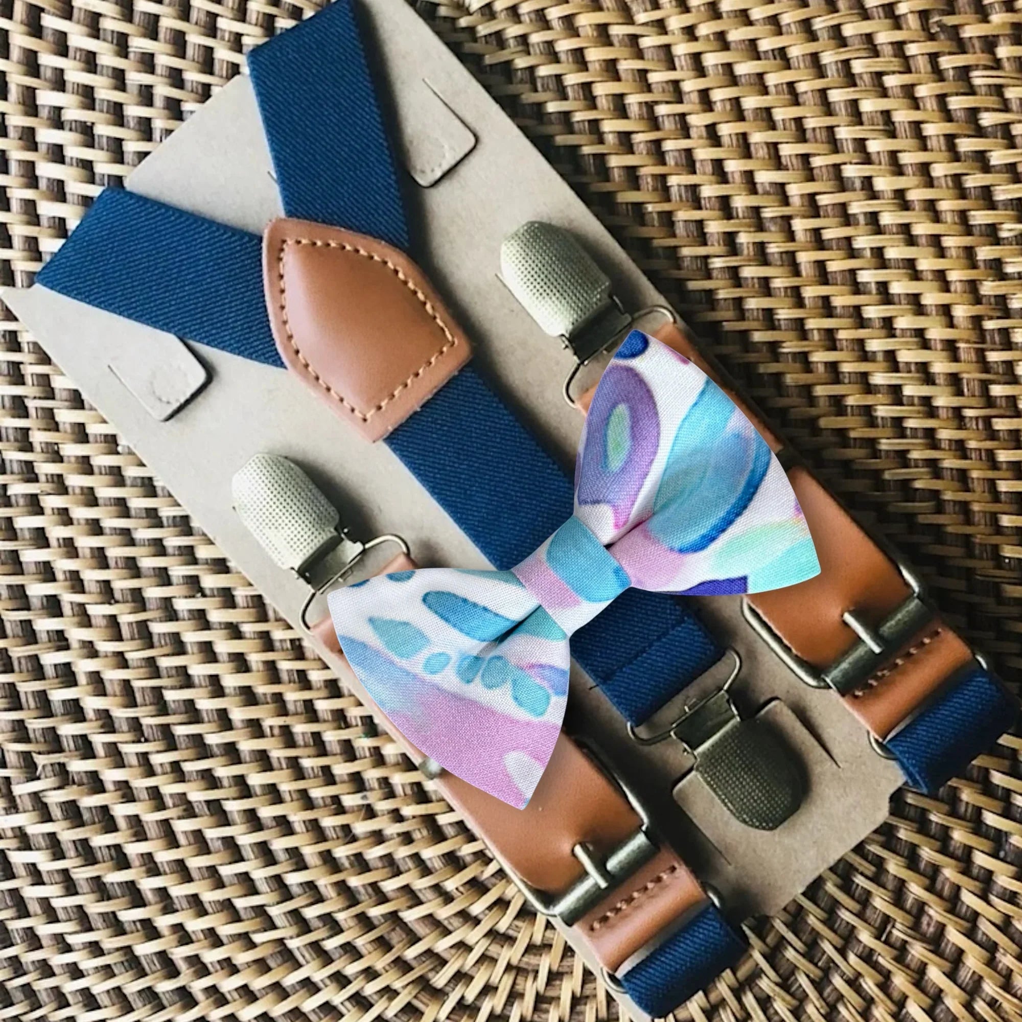 Bow tie and suspenders in blue and purple for all ages.