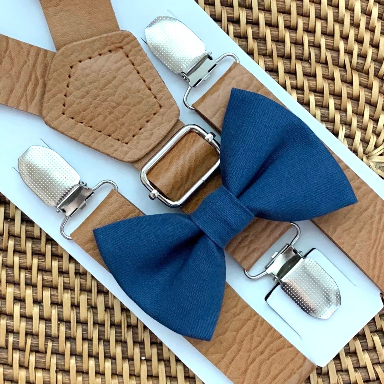 Blue bow tie and suspenders for men, boys and toddlers.