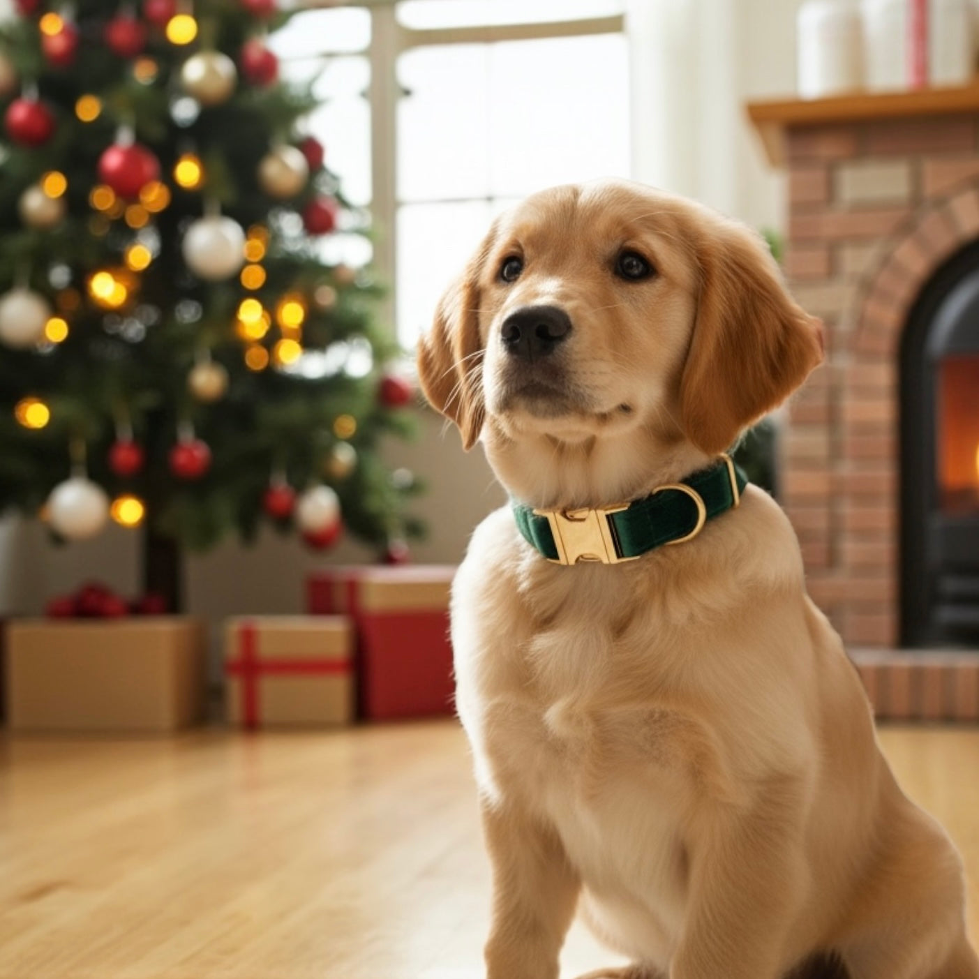 Dog wearing a green velvet collar in a festive room with a Christmas tree and fireplace.