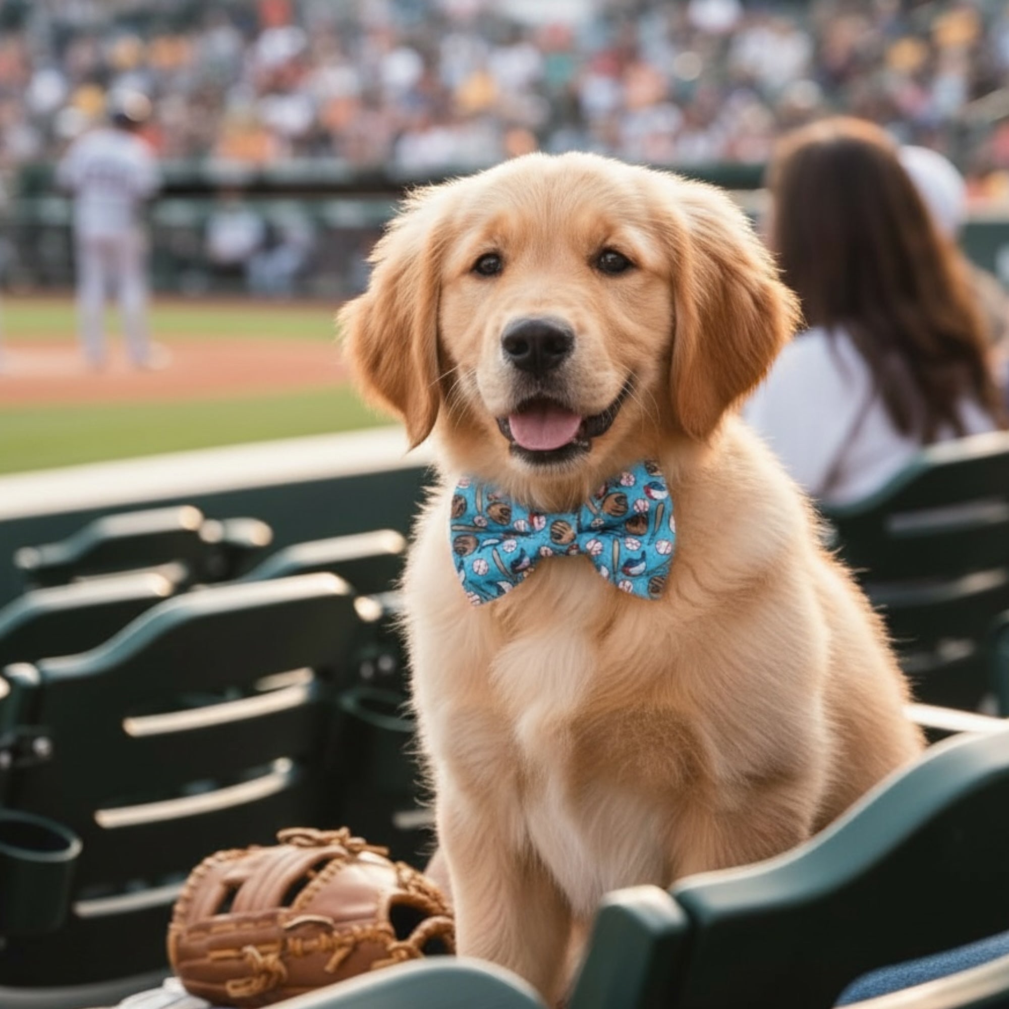 Dog wearing a blue baseball dog bow tie sitting in a stadium with a baseball glove on a bench.